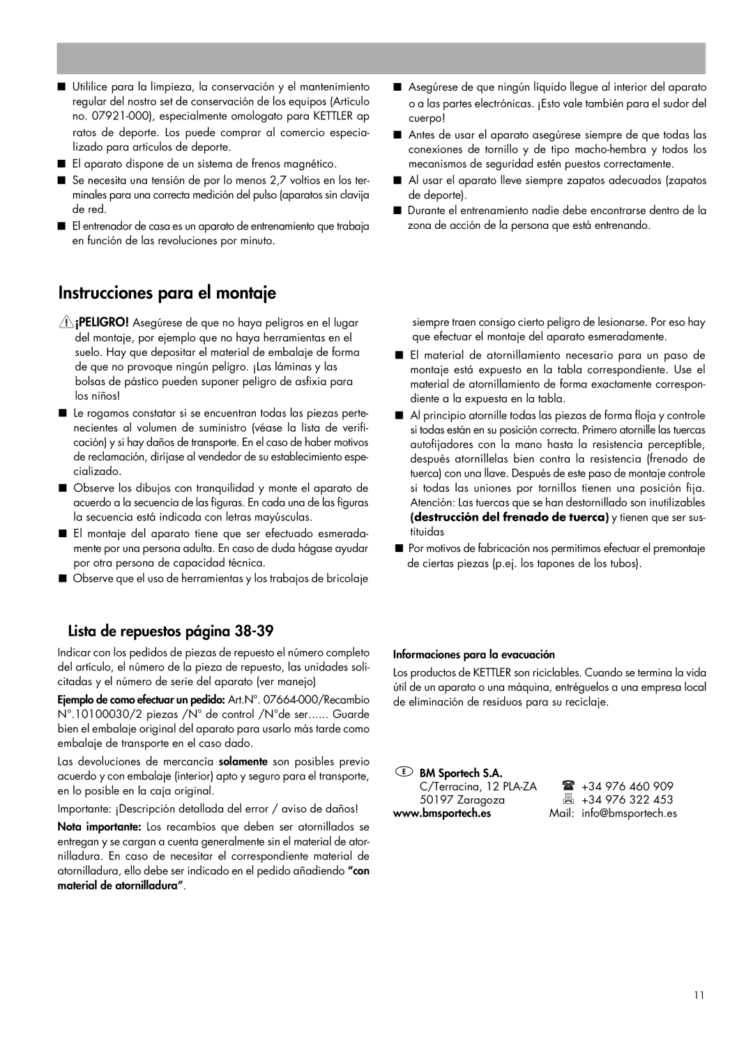 Kettler 07664-000 manual Instrucciones para el montaje, Lista de repuestos página, Informaciones para la evacuación 