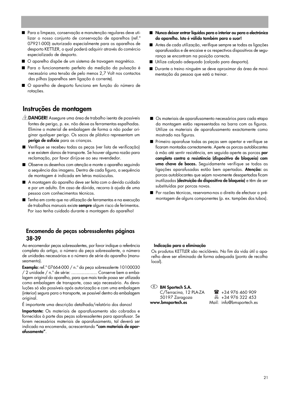 Kettler 07664-000 manual Instruções de montagem, Encomenda de peças sobressalentes páginas 