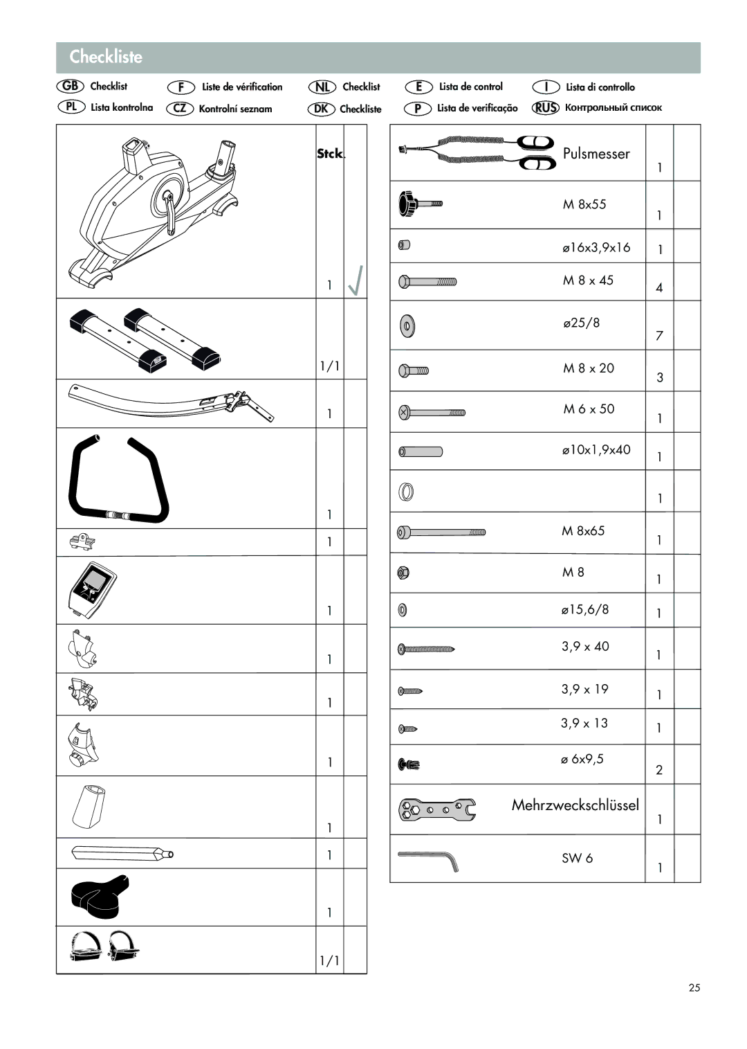 Kettler 07664-000 manual Checkliste, Pulsmesser, Mehrzweckschlüssel 