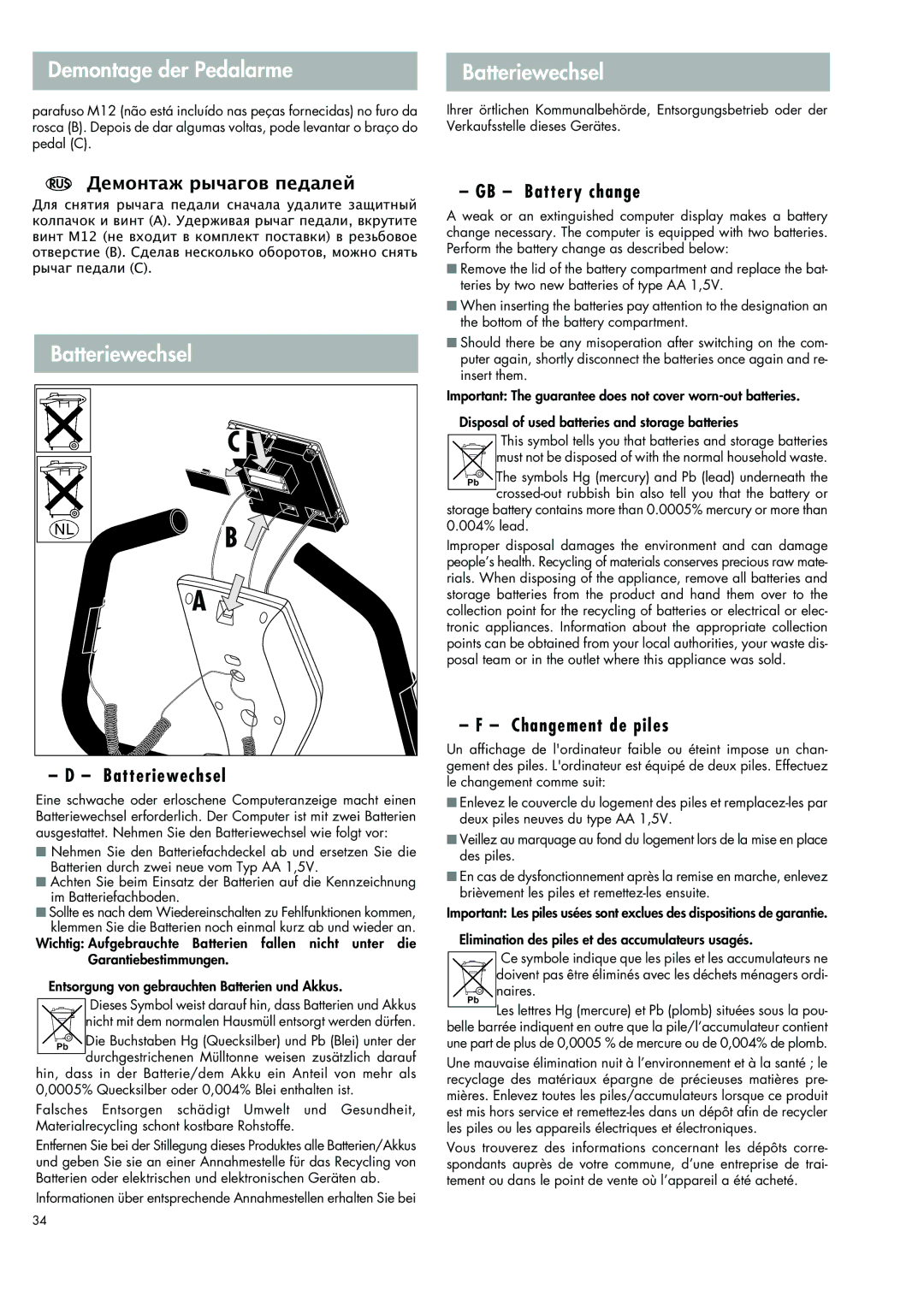 Kettler 07664-000 manual Demontage der Pedalarme Batteriewechsel 