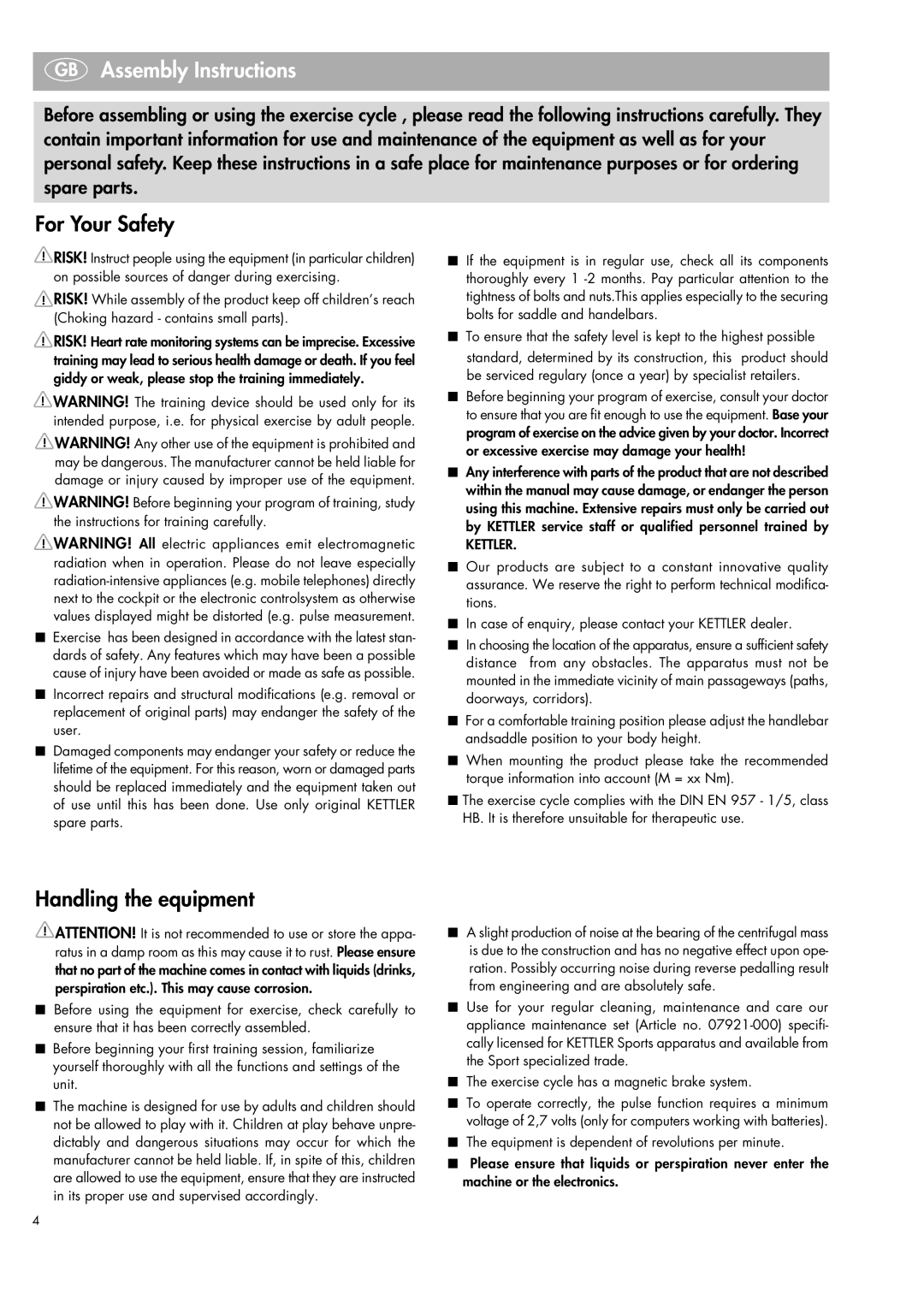 Kettler 07664-000 manual GB Assembly Instructions, For Your Safety, Handling the equipment 