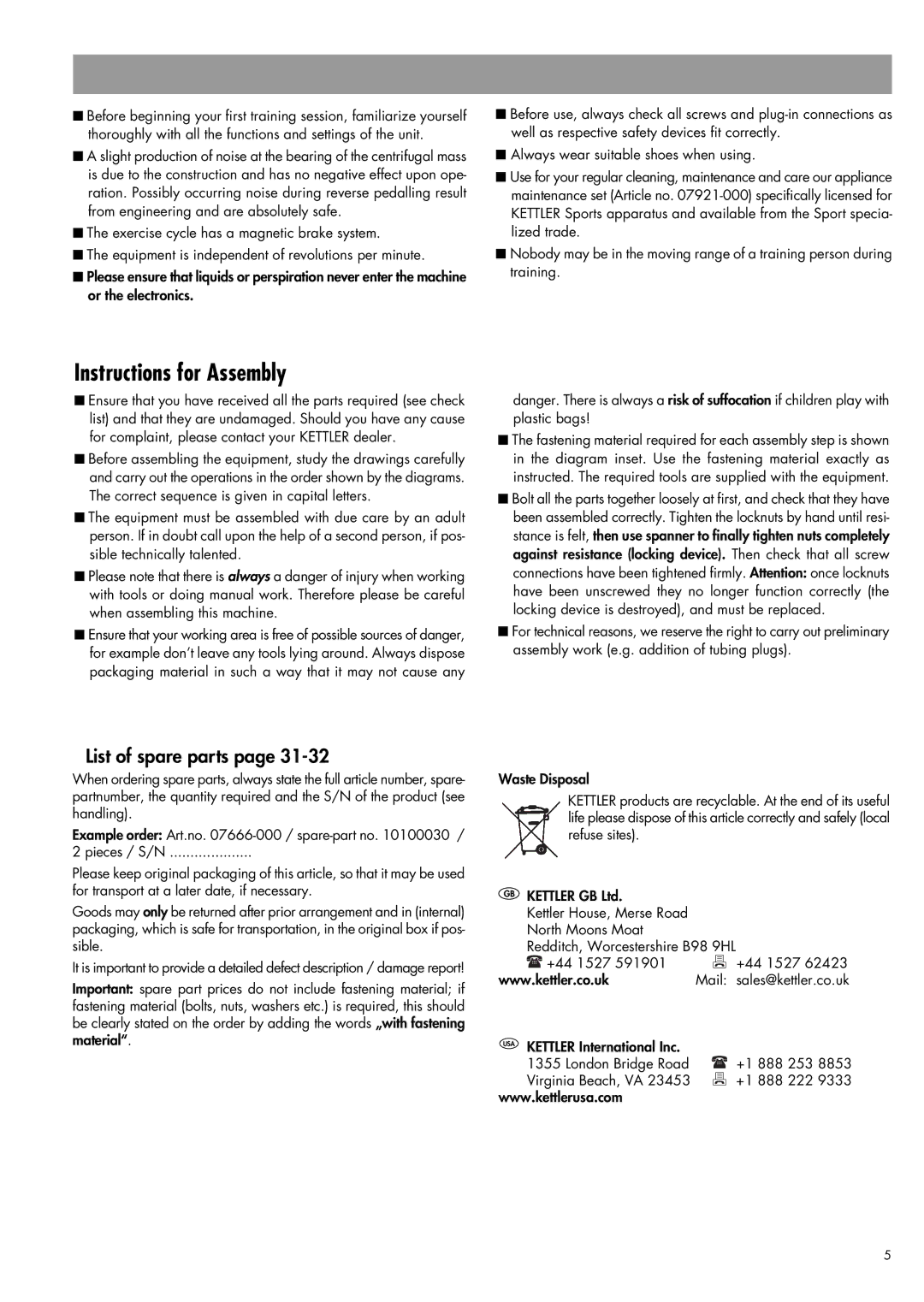 Kettler 07666-000 manual Instructions for Assembly, List of spare parts 