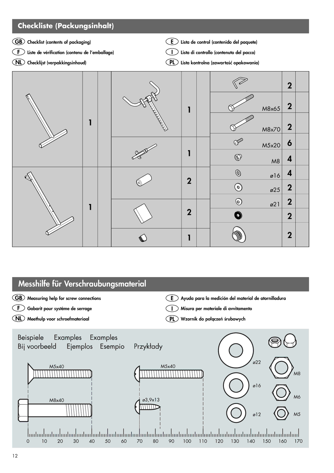 Kettler 07820-400 manual Messhilfe für Verschraubungsmaterial, Checkliste Packungsinhalt 