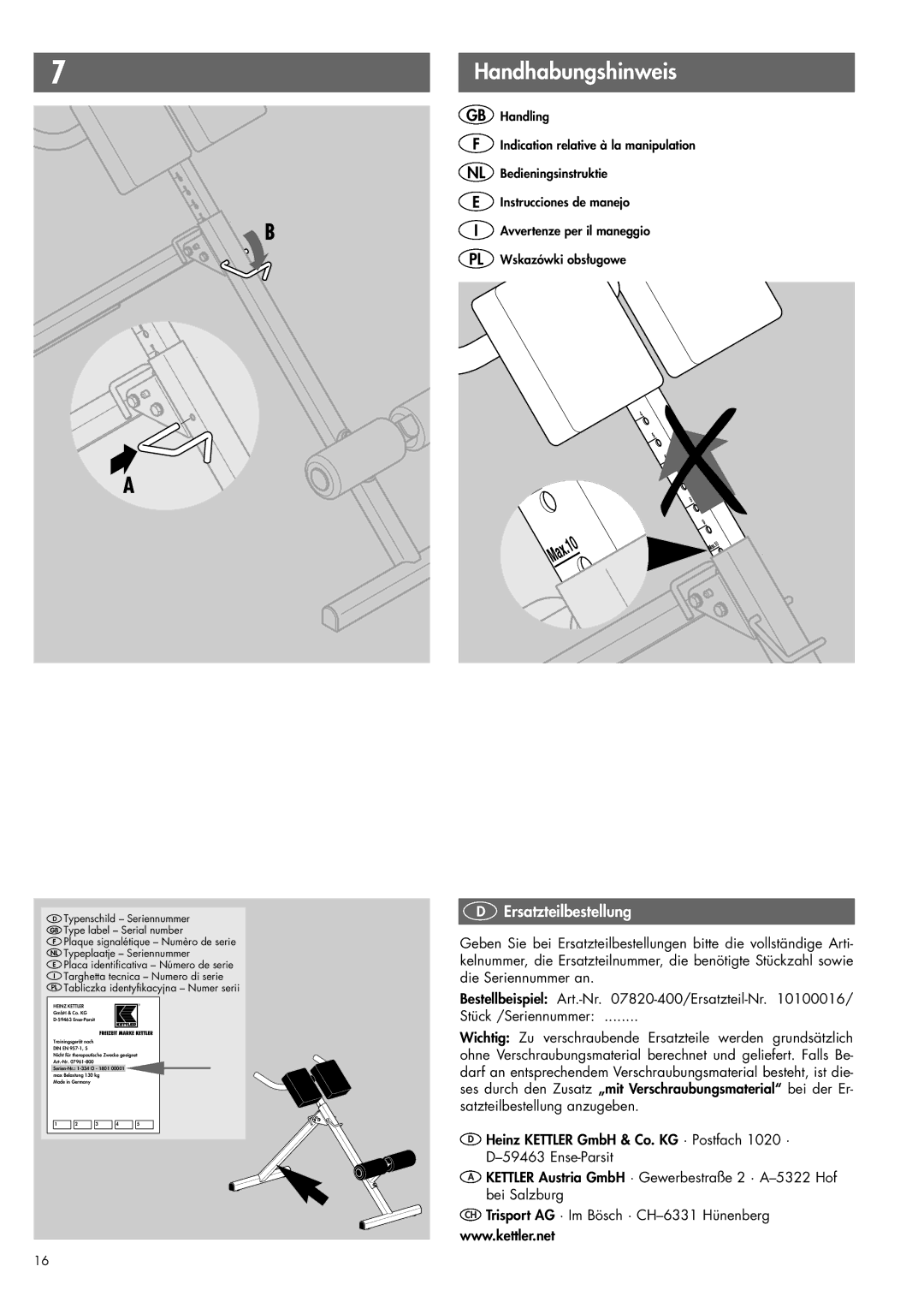 Kettler 07820-400 manual Handhabungshinweis, Ersatzteilbestellung 