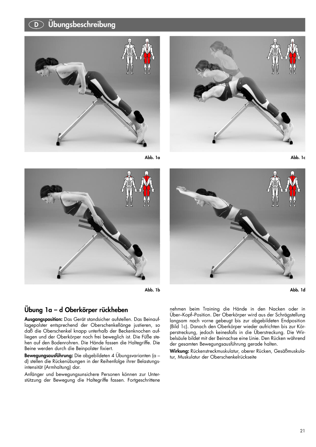 Kettler 07820-400 manual Übungsbeschreibung, Übung 1a d Oberkörper rückheben 