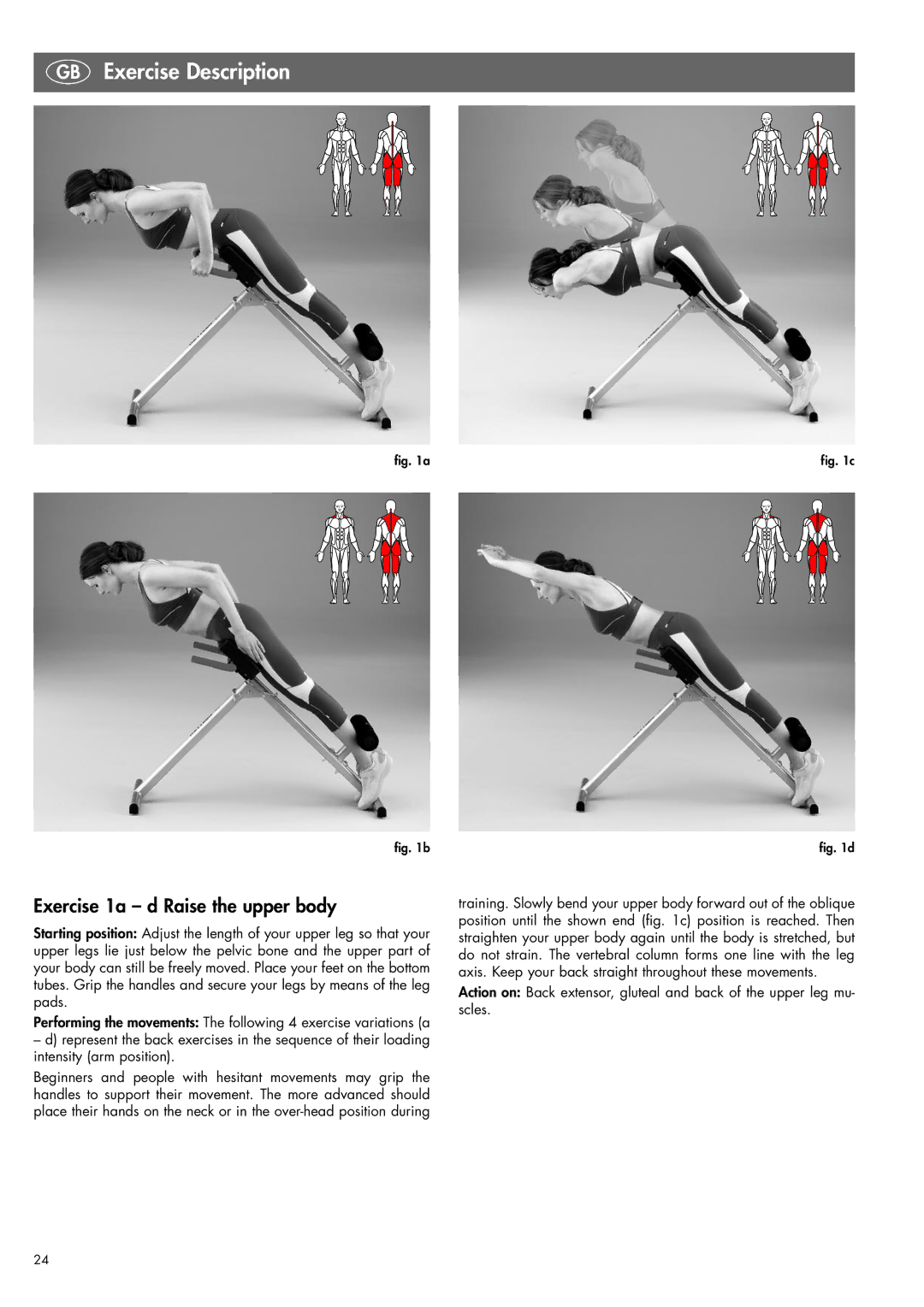 Kettler 07820-400 manual GB Exercise Description, Exercise 1a d Raise the upper body 