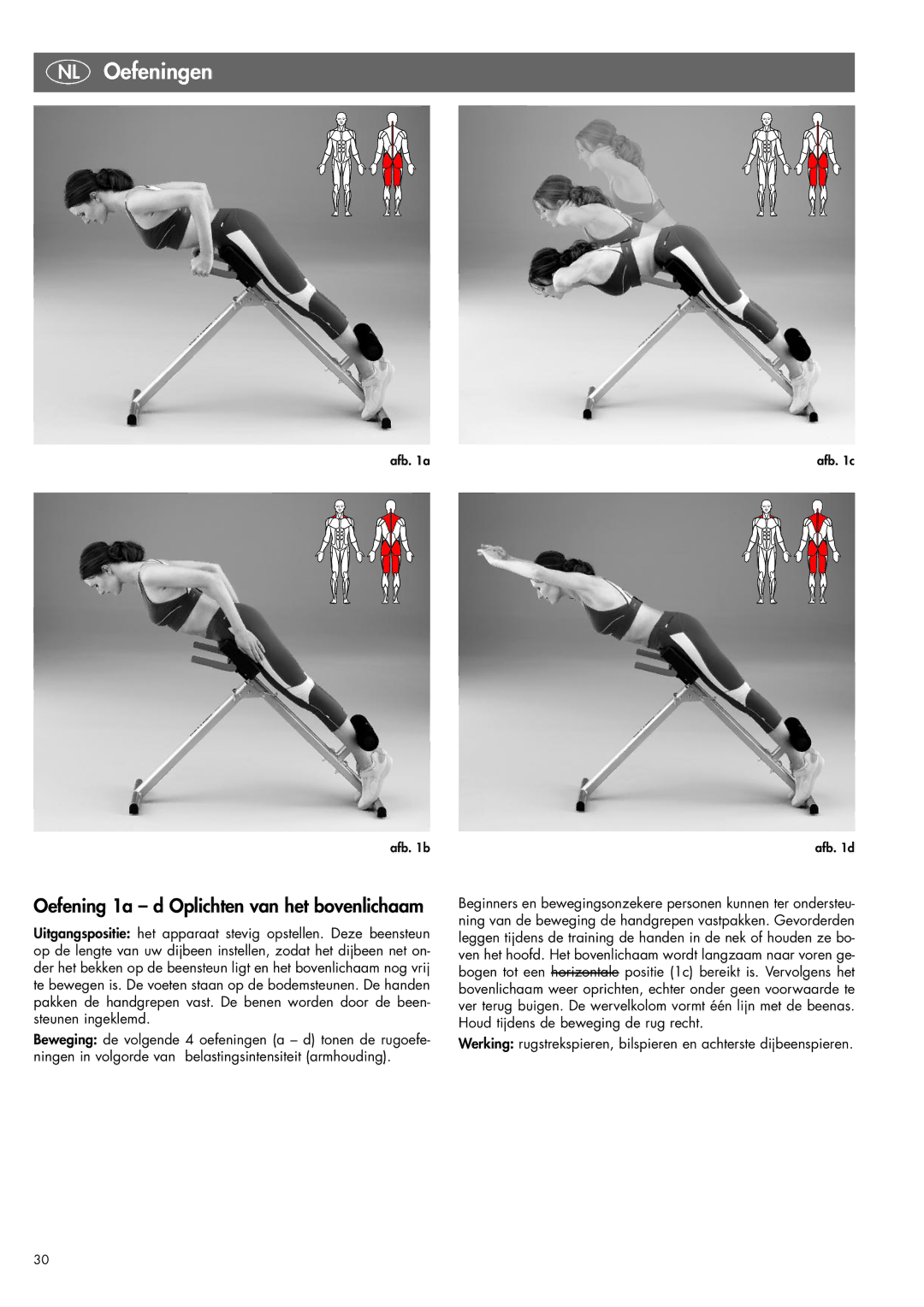 Kettler 07820-400 manual NL Oefeningen, Oefening 1a d Oplichten van het bovenlichaam 