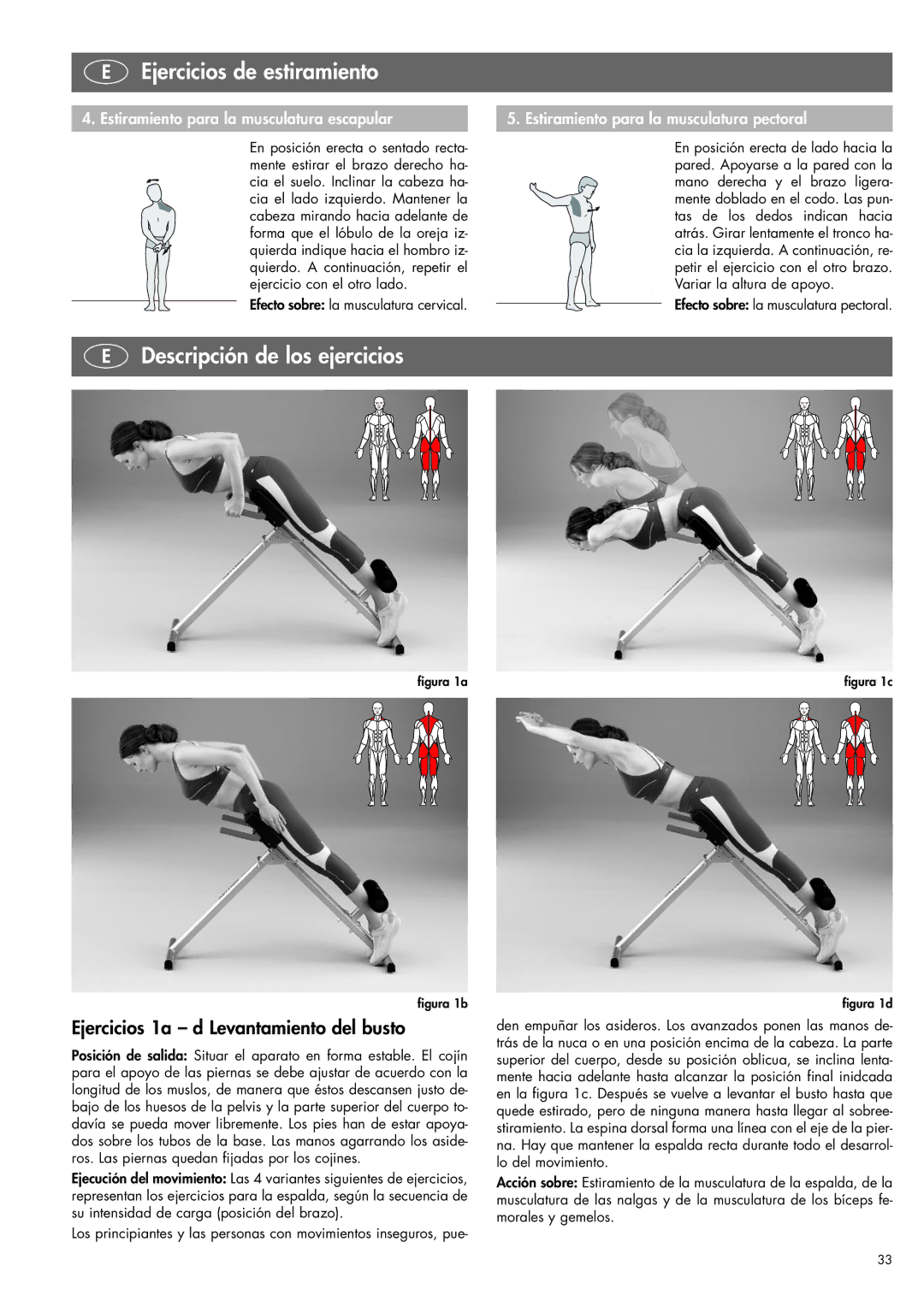 Kettler 07820-400 manual Descripción de los ejercicios, Ejercicios 1a d Levantamiento del busto 