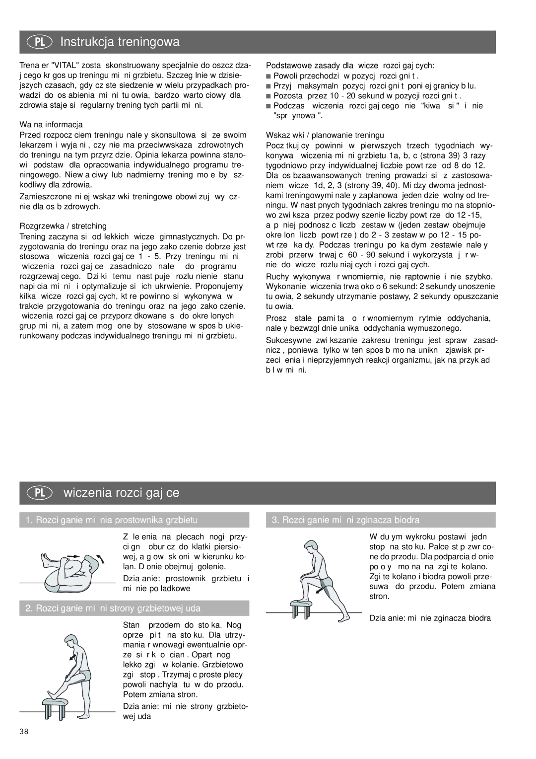 Kettler 07820-400 manual PL Instrukcja treningowa, PL Ćwiczenia rozciągające, Rozciąganie mięśnia prostownika grzbietu 