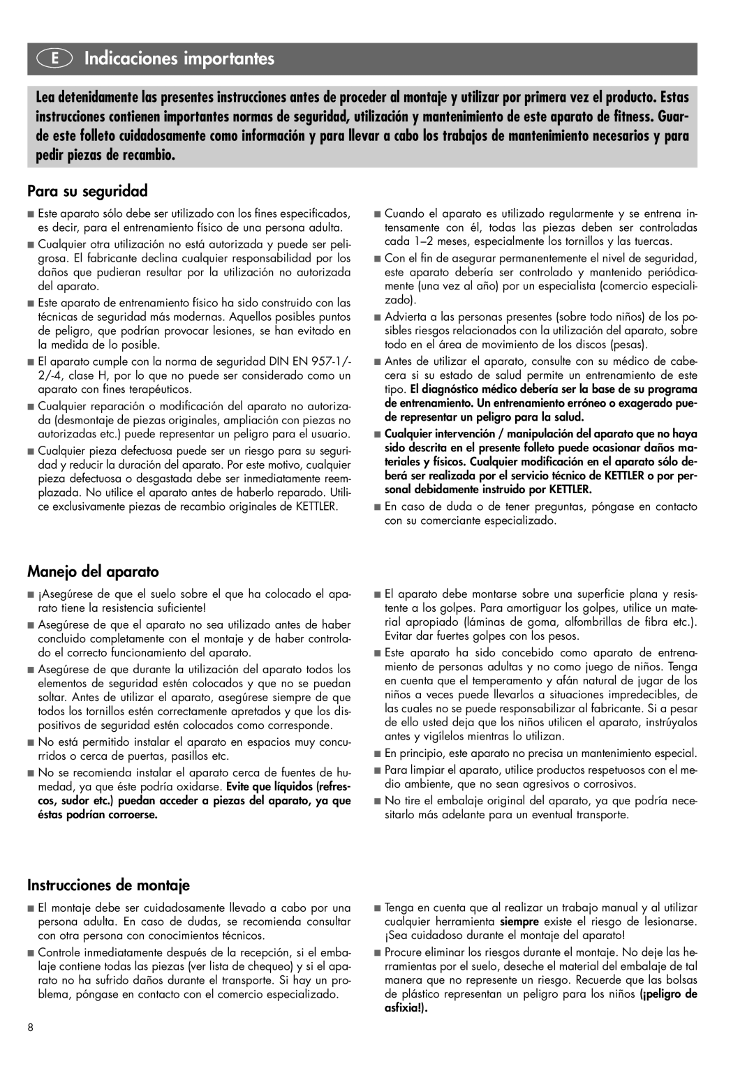 Kettler 07820-400 manual Indicaciones importantes, Para su seguridad, Manejo del aparato, Instrucciones de montaje 