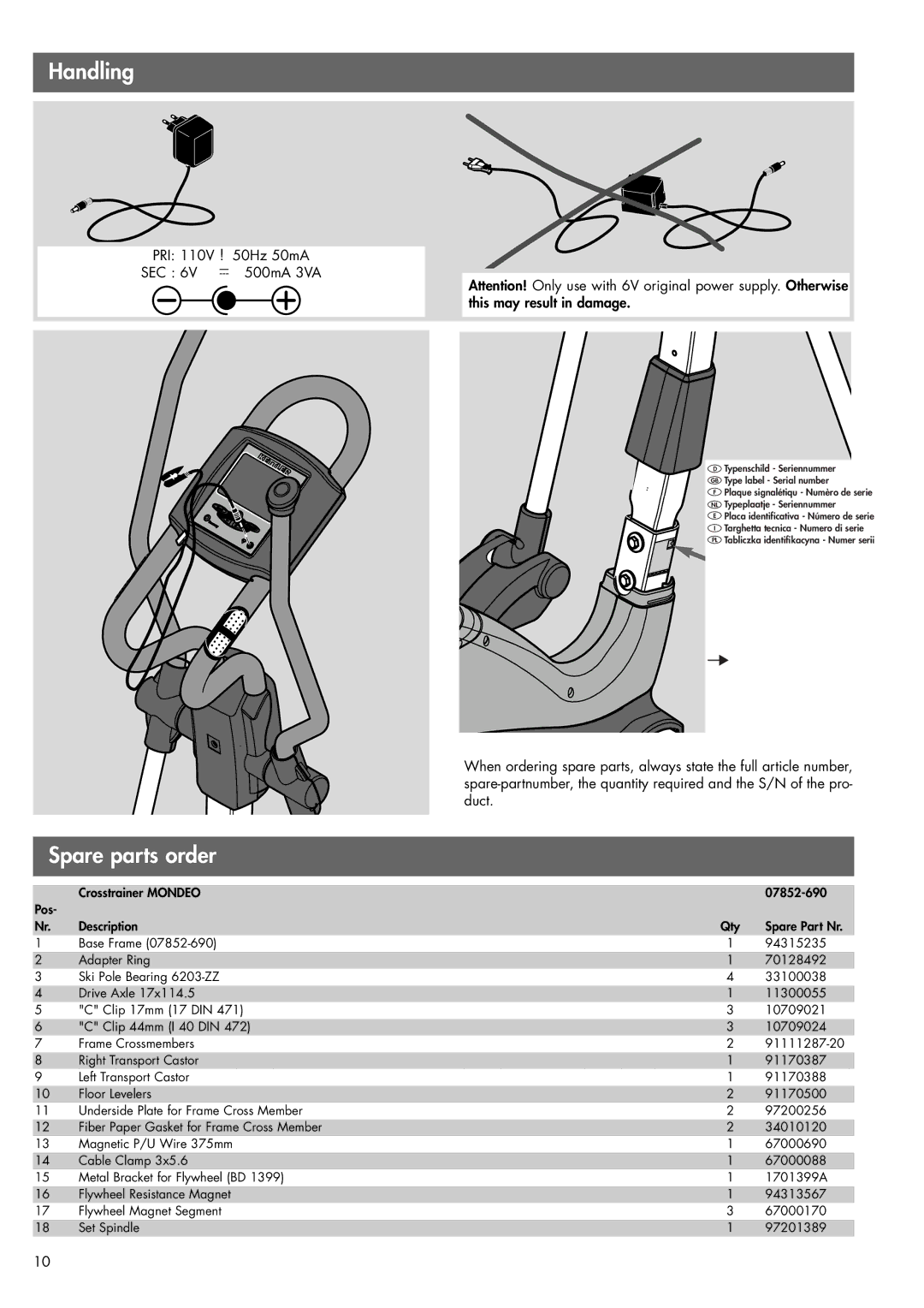 Kettler 07852-690 owner manual Spare parts order 