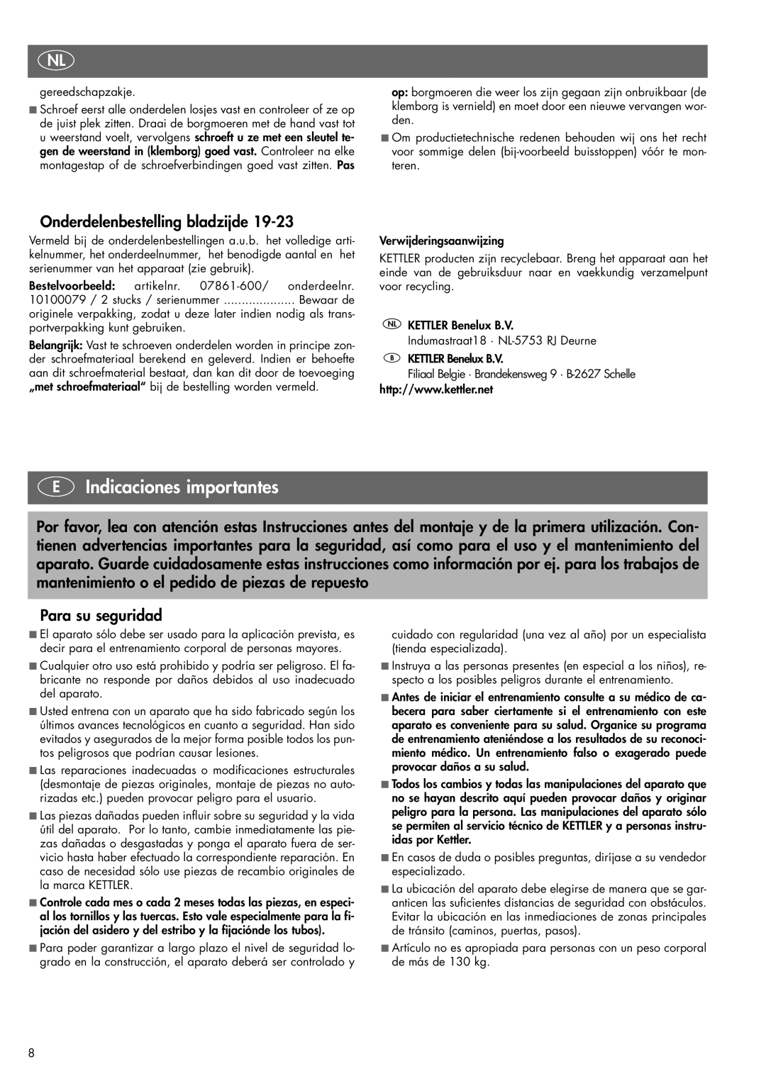 Kettler 07861-600, 07861-690 manual Indicaciones importantes, Onderdelenbestelling bladzijde, Gereedschapzakje 