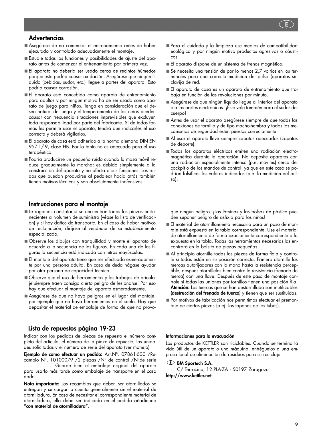 Kettler 07861-690 Advertencias, Instrucciones para el montaje, Lista de repuestos página, Informaciones para la evacuación 