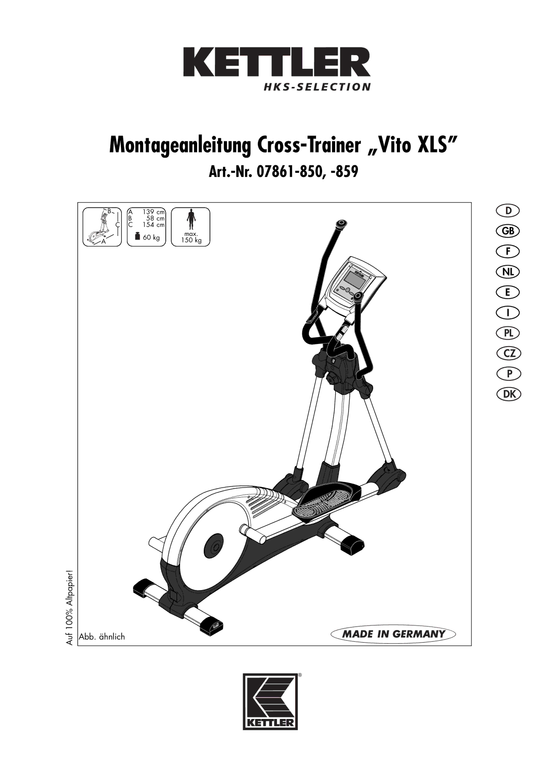 Kettler 07861-850 manual Montageanleitung Cross-Trainer „Vito XLS 