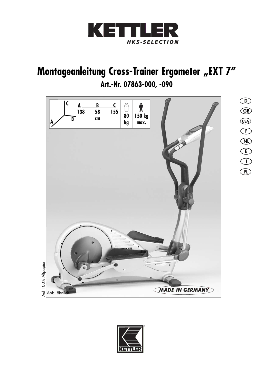 Kettler 07863-000 manual Montageanleitung Cross-Trainer Ergometer „EXT 