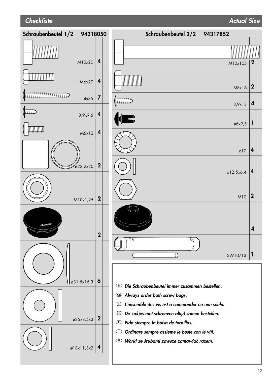 Kettler 07863-000 manual Checkliste, Actual Size 