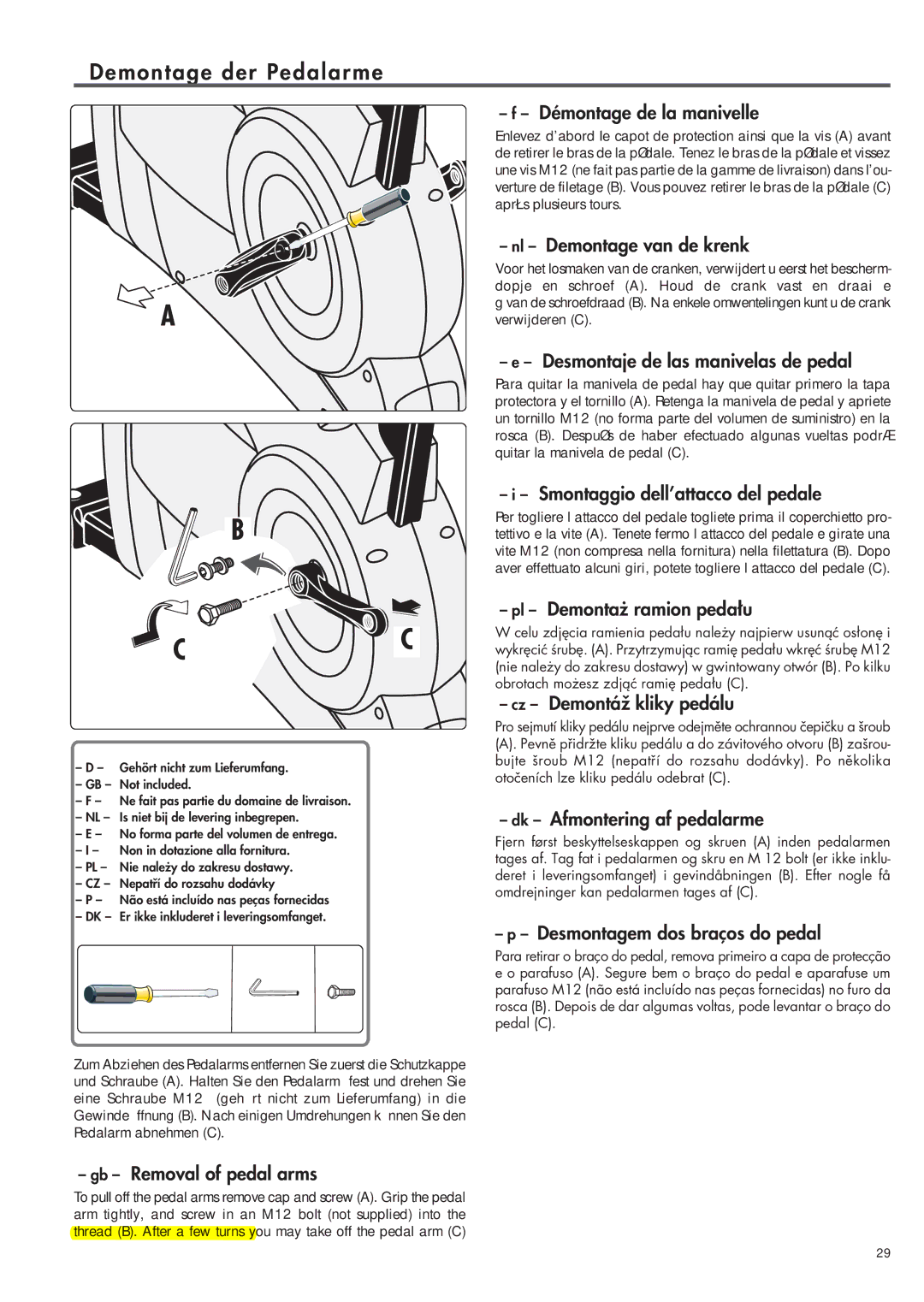 Kettler 07938-180 manual Demontage der Pedalarme, Gb Removal of pedal arms 