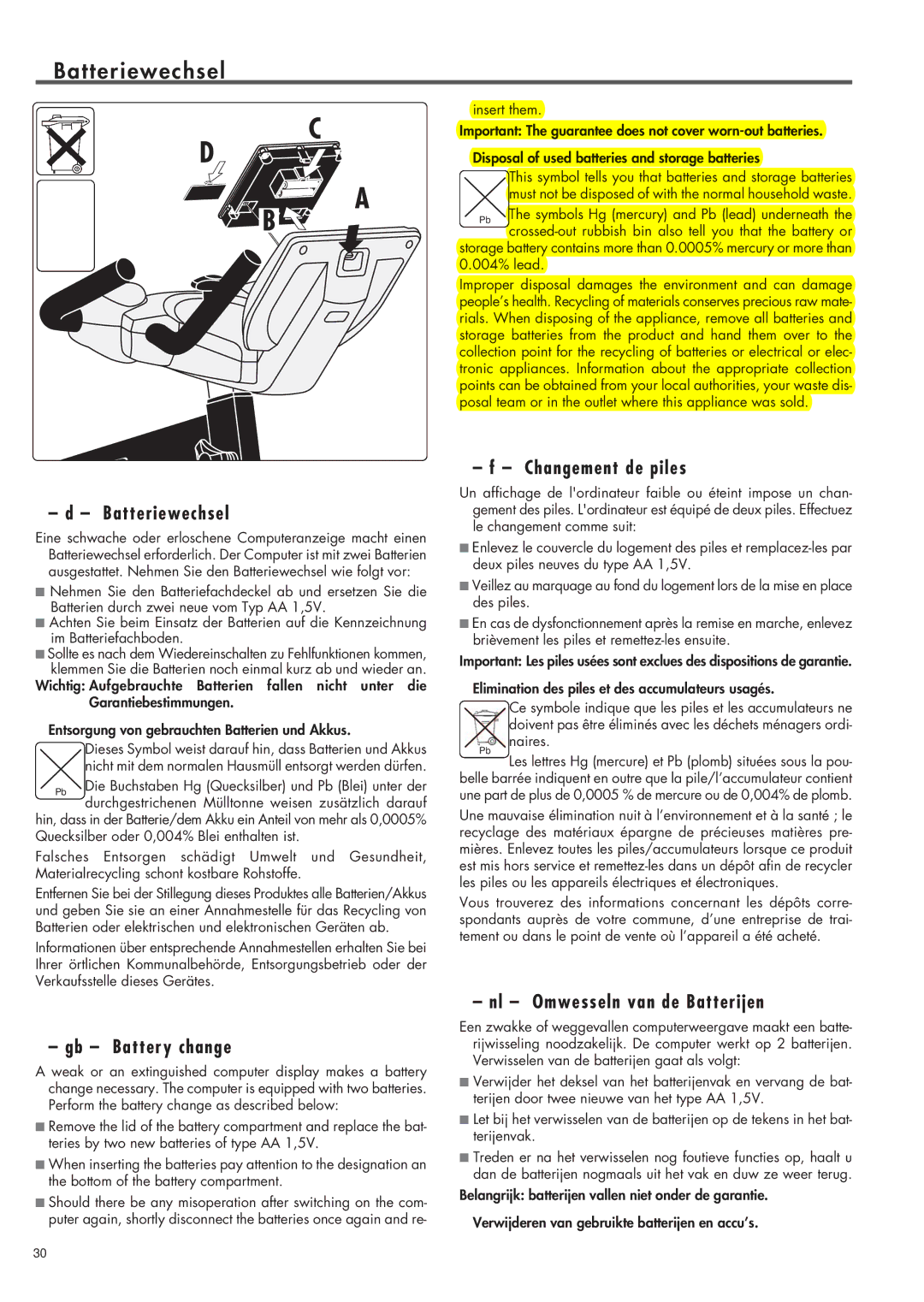 Kettler 07938-180 manual T t e r i e w e c h s e l, Batteriewechsel 