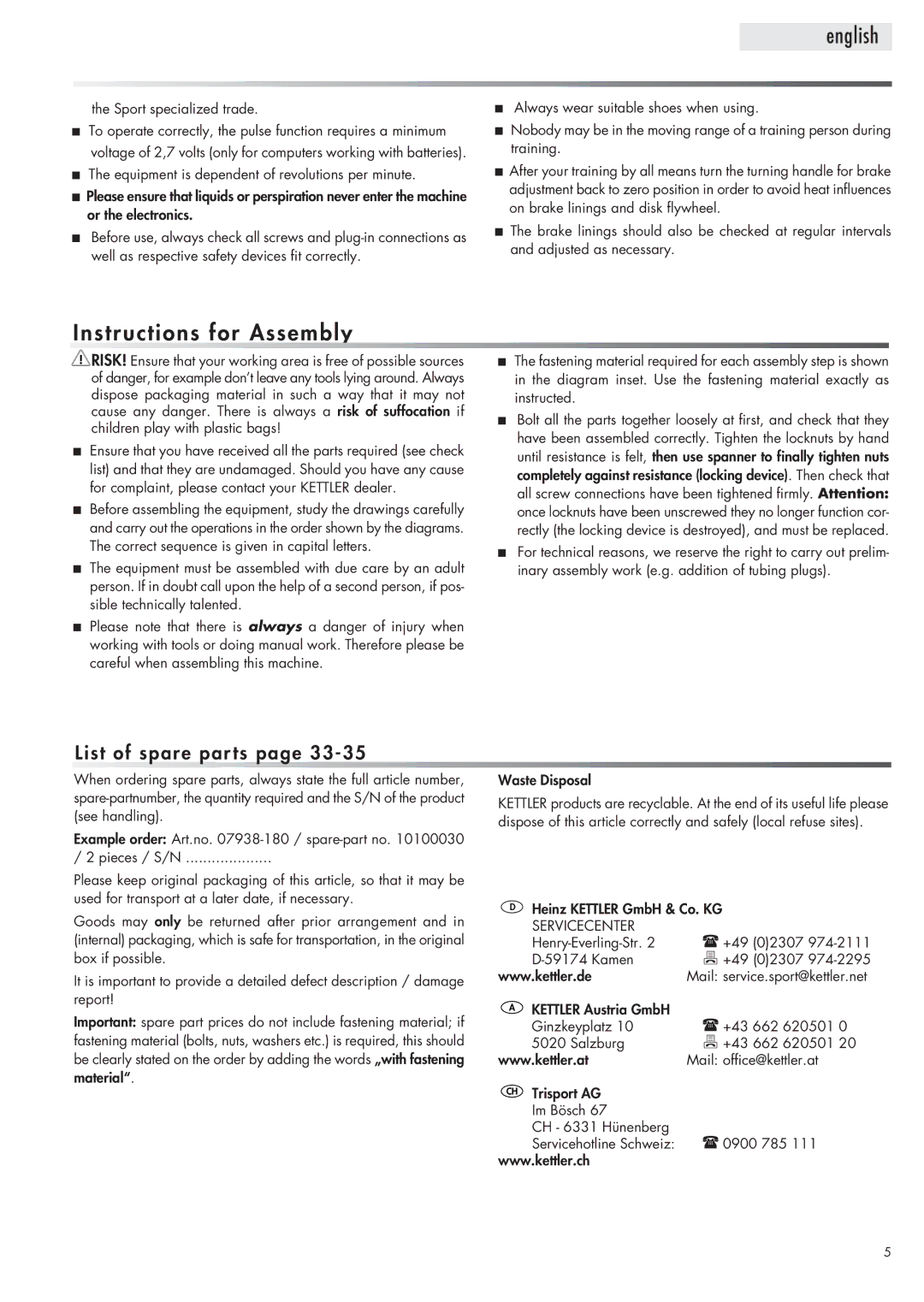 Kettler 07938-180 manual English, Instr uctions for Assembly 