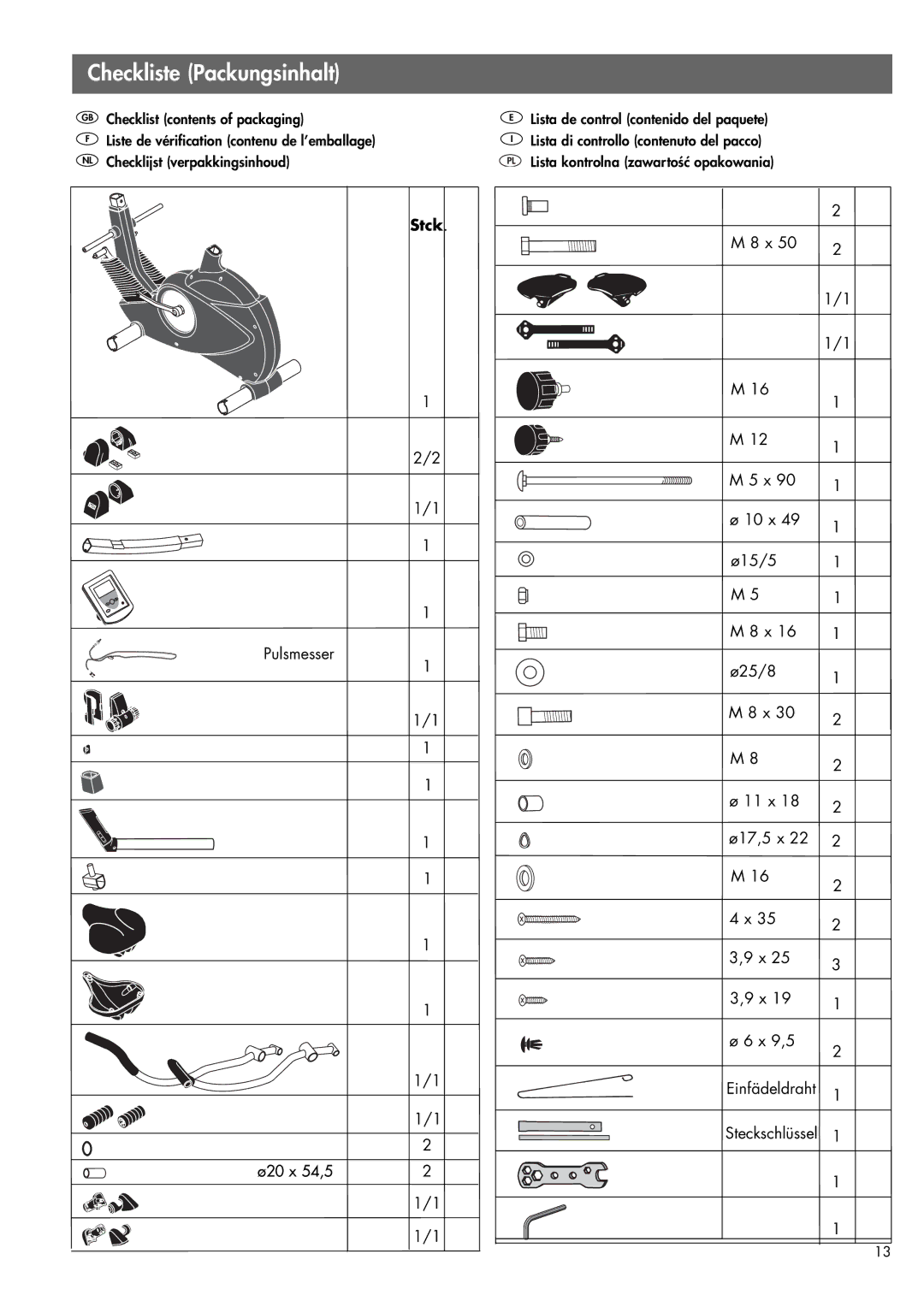 Kettler 07956-500 manual Checkliste Packungsinhalt, Stck 