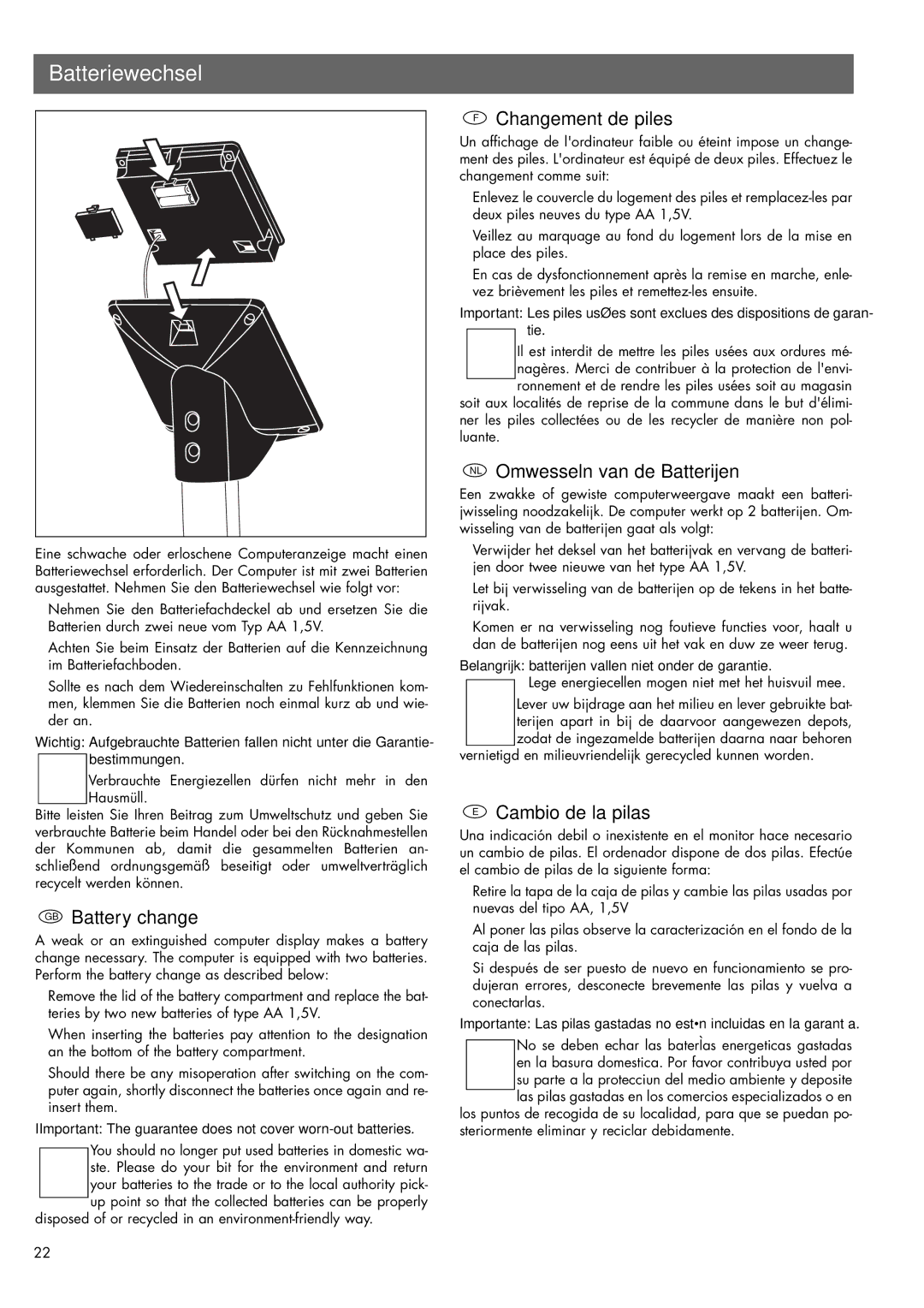 Kettler 07956-500 manual Batteriewechsel, GB Battery change, Changement de piles, NL Omwesseln van de Batterijen 