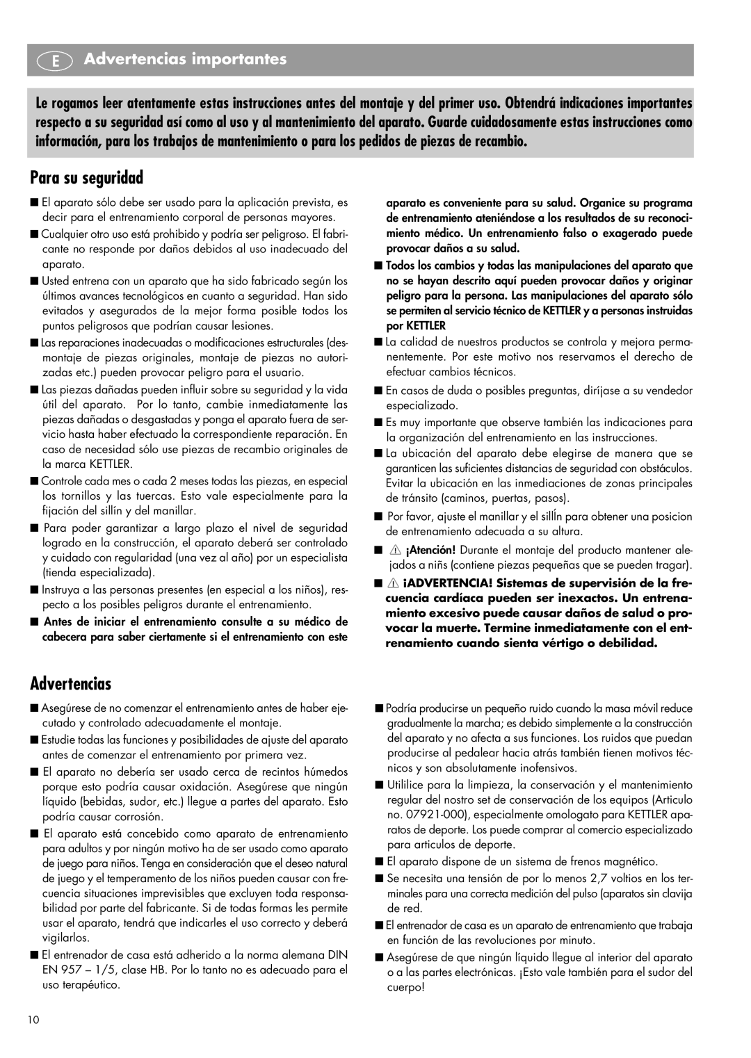 Kettler 07960-800 manual Para su seguridad, Advertencias importantes 