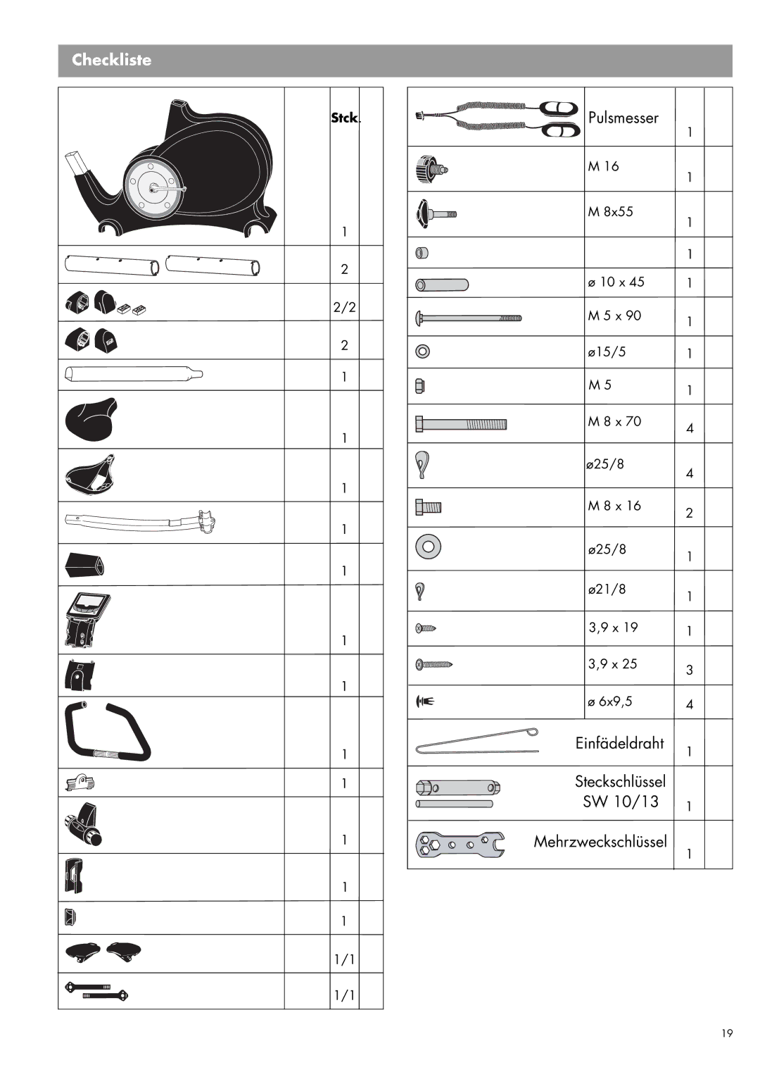 Kettler 07960-800 manual Checkliste, Pulsmesser, Einfädeldraht, SW 10/13 Mehrzweckschlüssel 