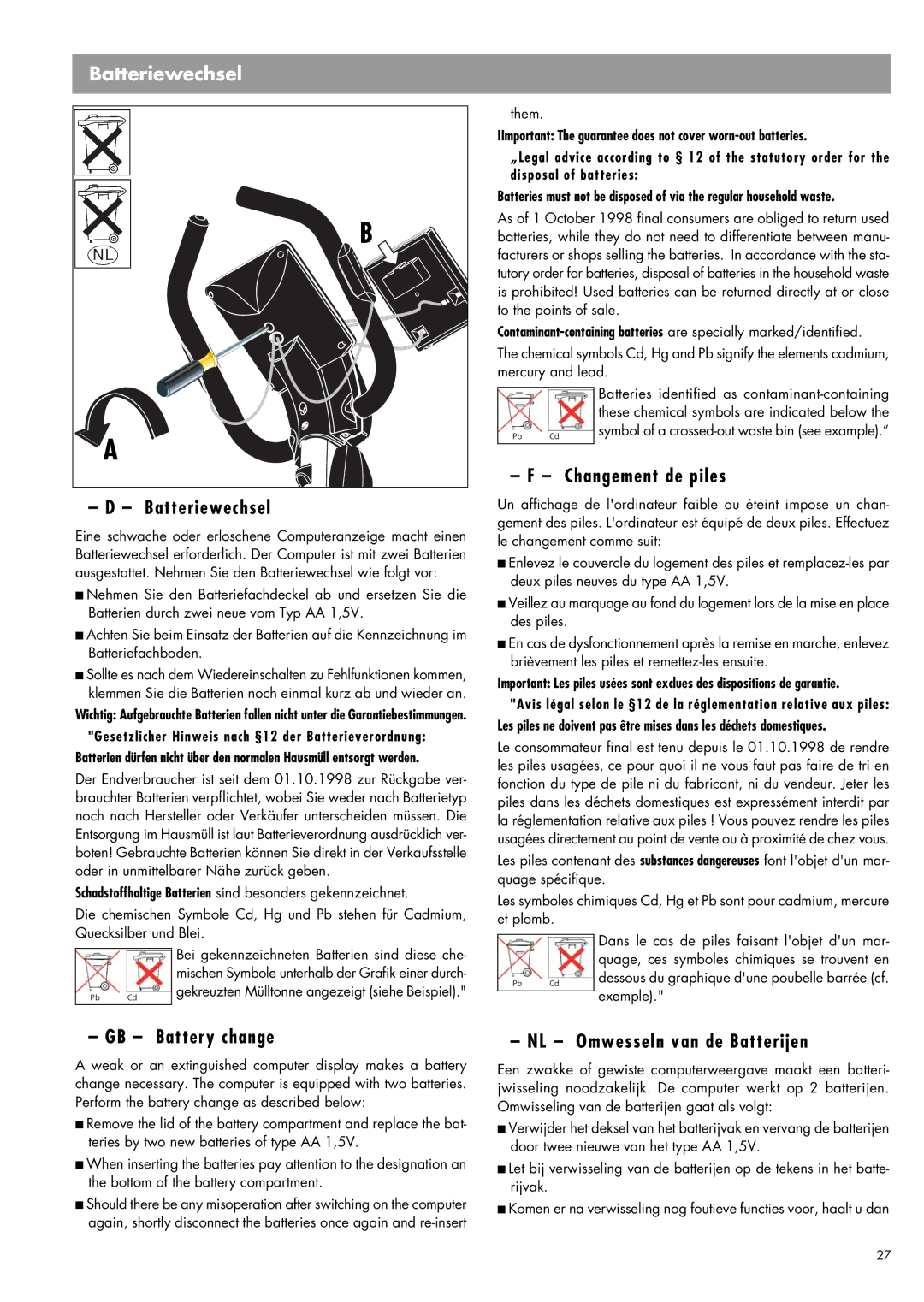 Kettler 07960-800 manual Batteriewechsel 