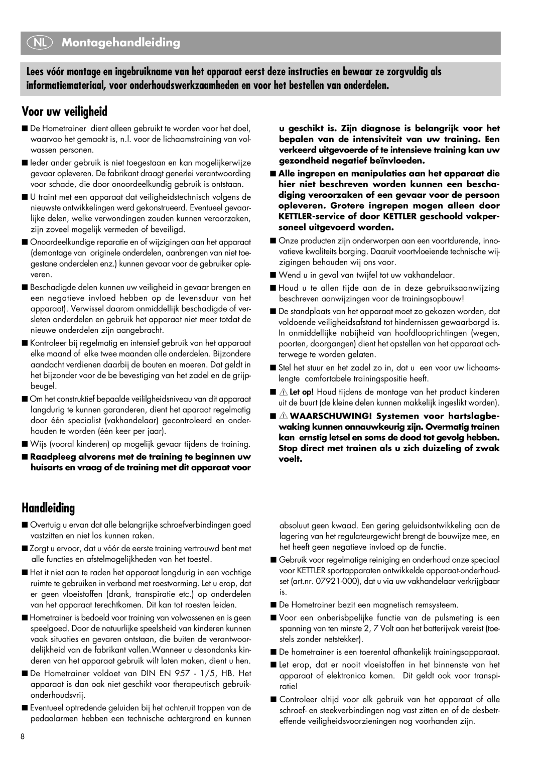 Kettler 07960-800 manual Voor uw veiligheid, Handleiding, NL Montagehandleiding 