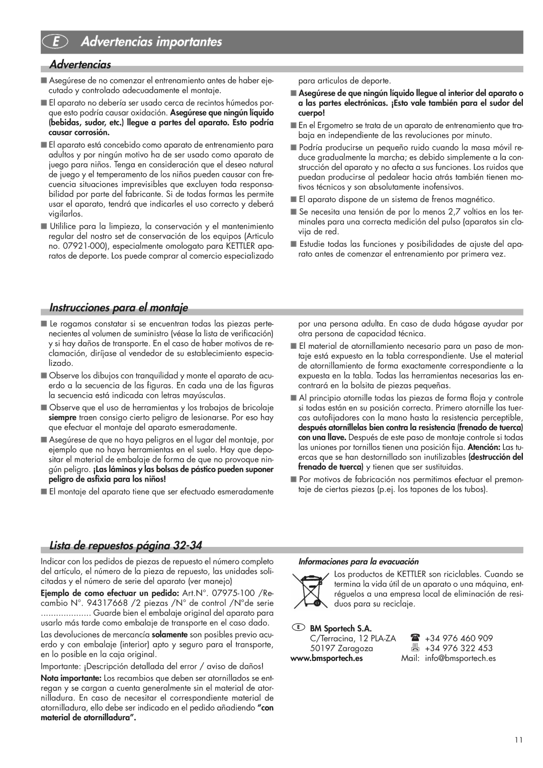 Kettler 07975-100 Advertencias, Instrucciones para el montaje, Lista de repuestos página, Informaciones para la evacuación 