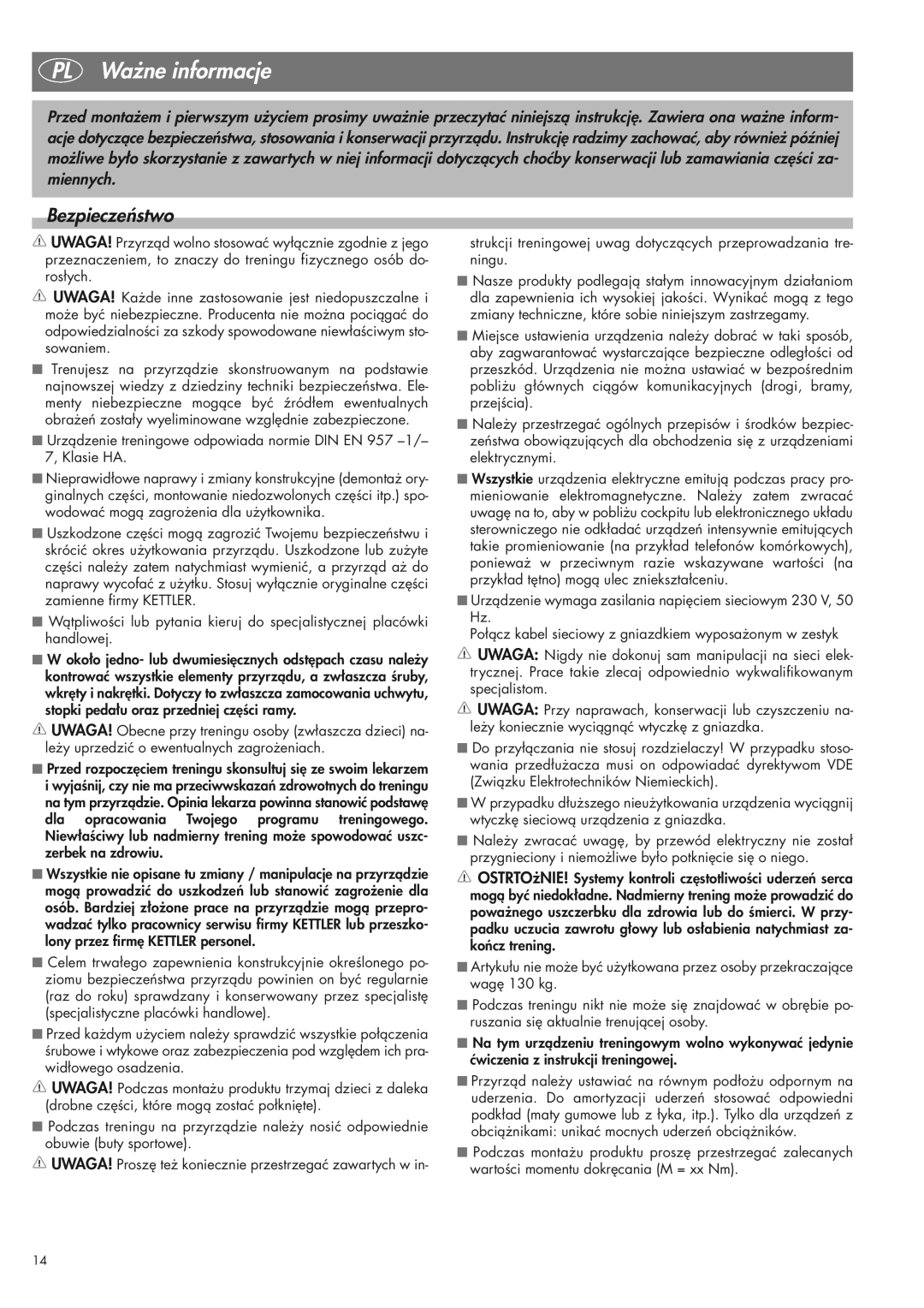 Kettler 07975-100 manual PL Ważne informacje, Bezpieczeństwo 