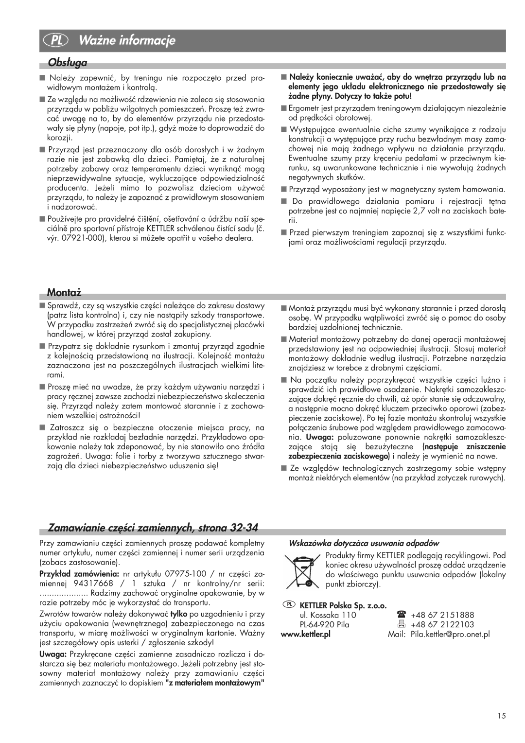 Kettler 07975-100 manual Obsługa, Zamawianie części zamiennych, strona, Wskazówka dotyczàca usuwania odpadów 