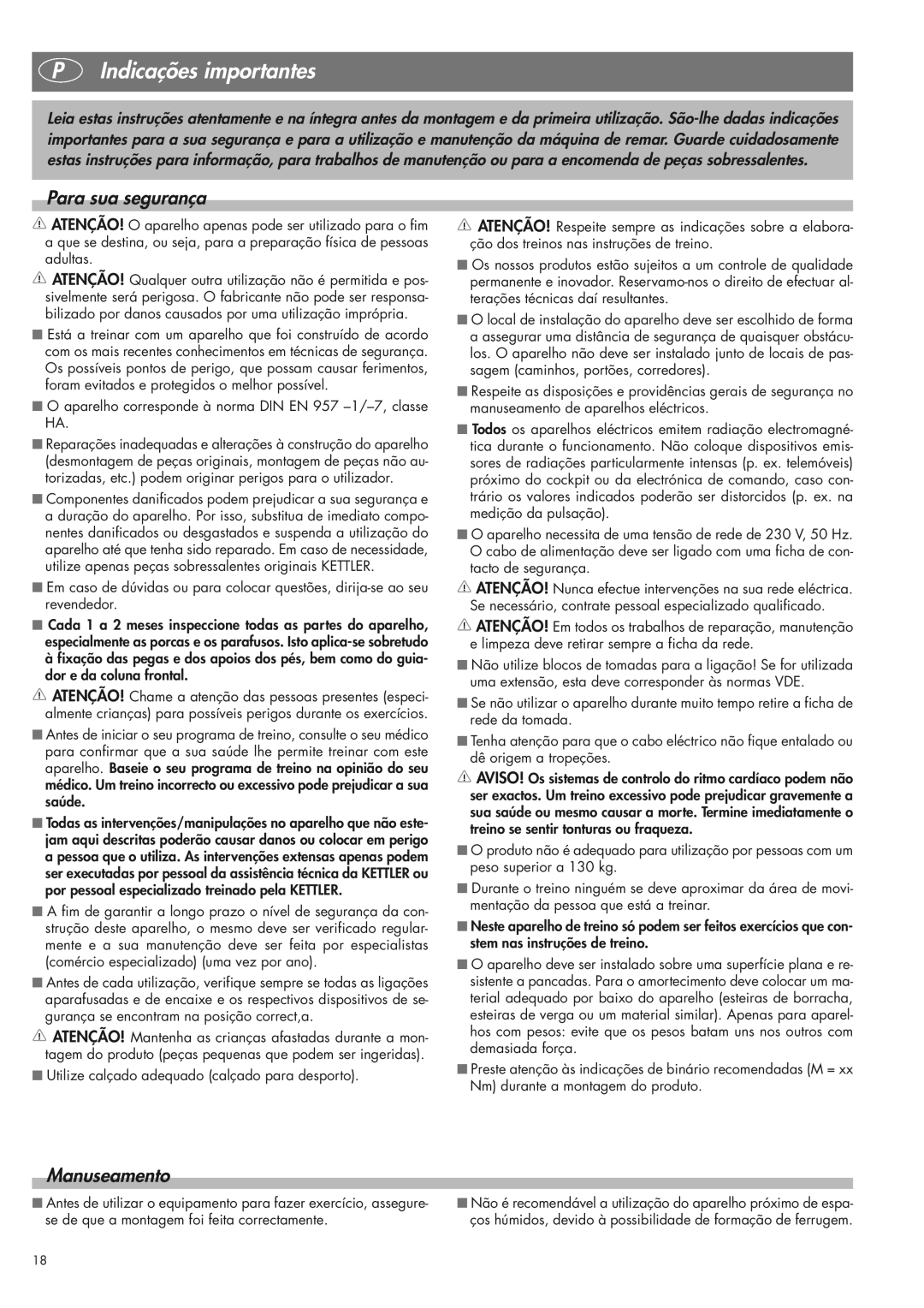 Kettler 07975-100 manual Indicações importantes, Para sua segurança, Manuseamento 