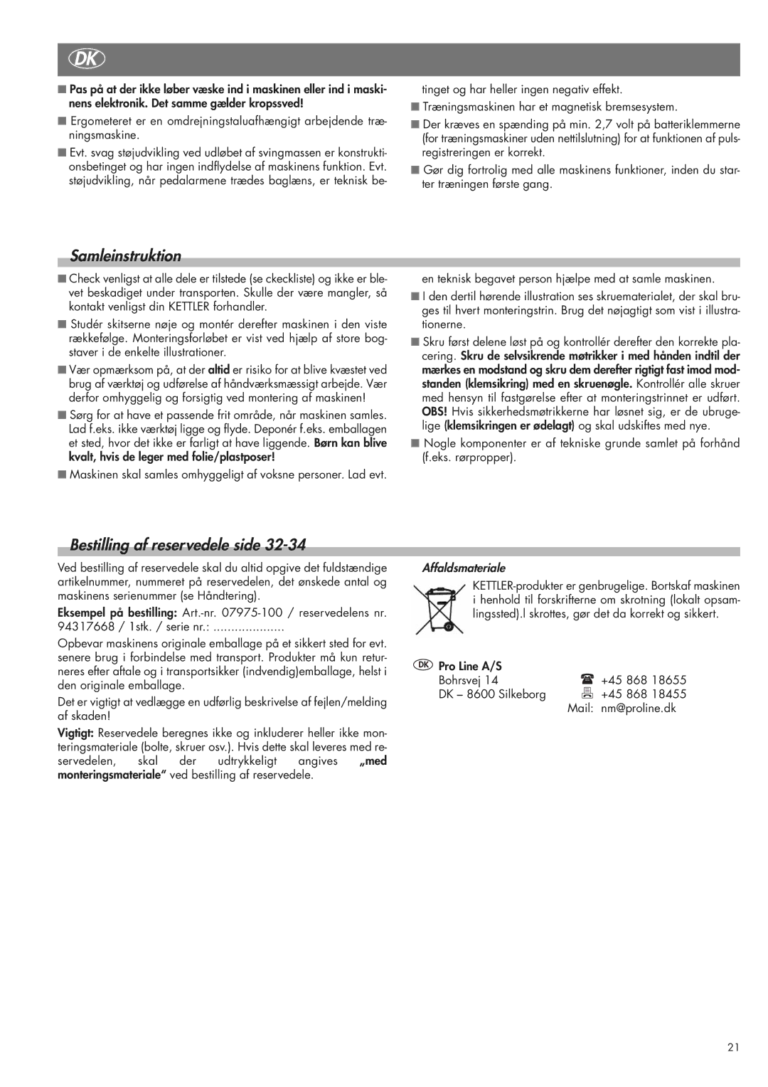 Kettler 07975-100 manual Samleinstruktion, Bestilling af reservedele side, Affaldsmateriale 