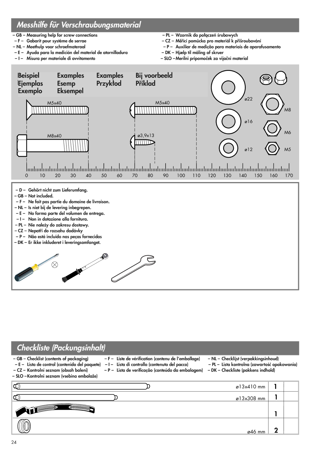 Kettler 07975-100 manual Messhilfe für Verschraubungsmaterial, Checkliste Packungsinhalt 