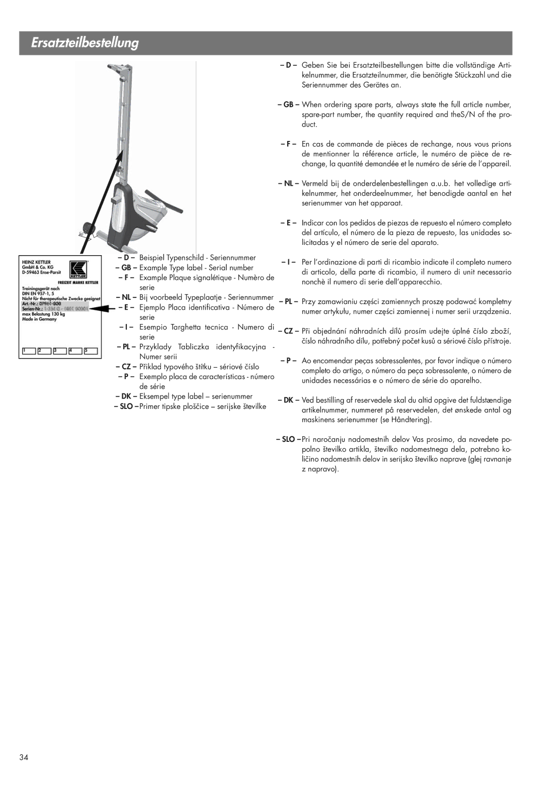 Kettler 07975-100 manual SLO Primer tipske ploščice serijske številke 