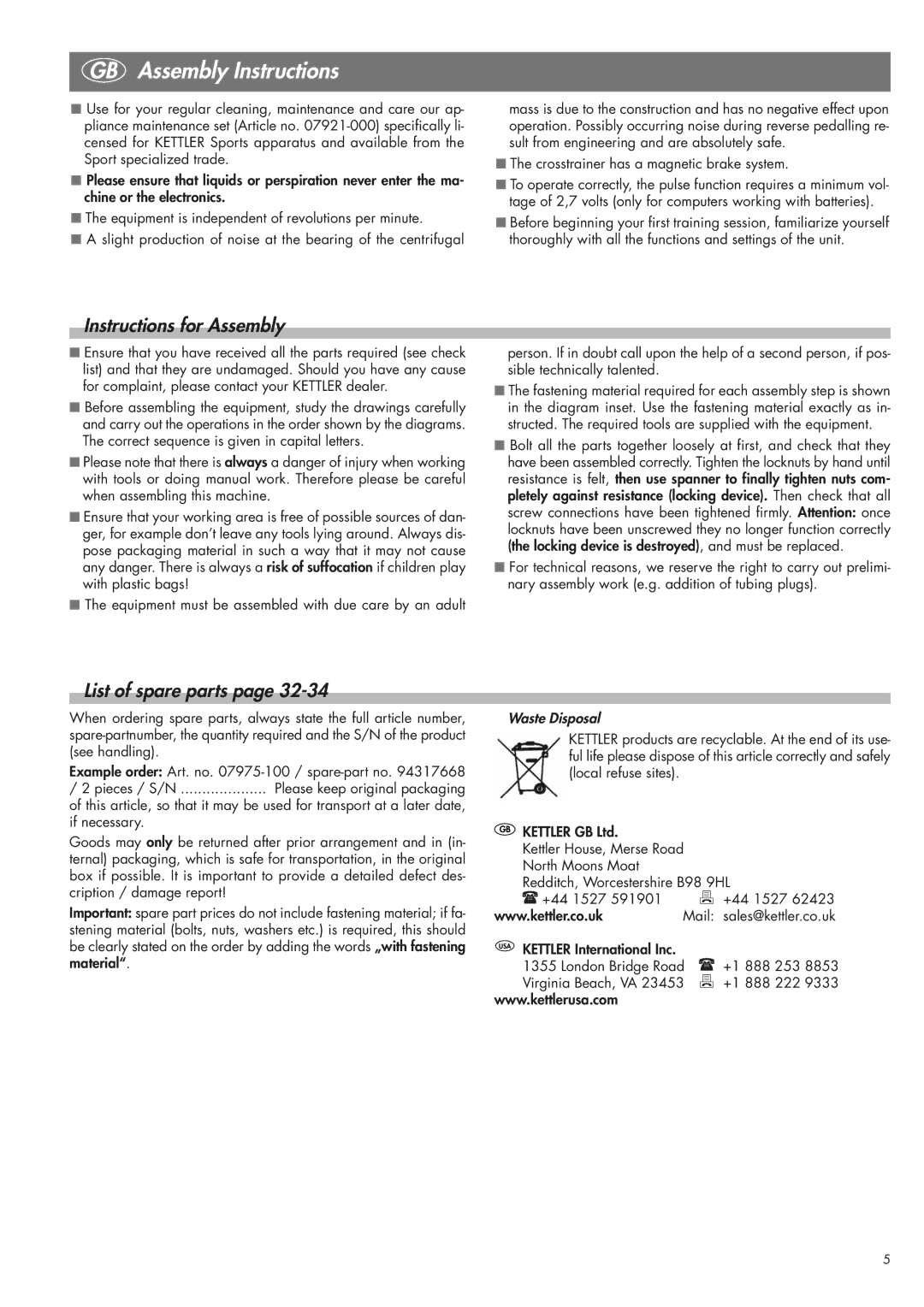 Kettler 07975-100 manual Instructions for Assembly, List of spare parts, Waste Disposal 