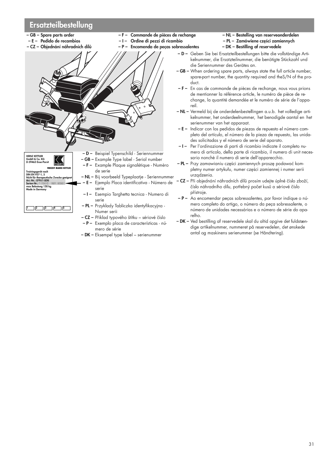 Kettler 07977-900 manual Ersatzteilbestellung 