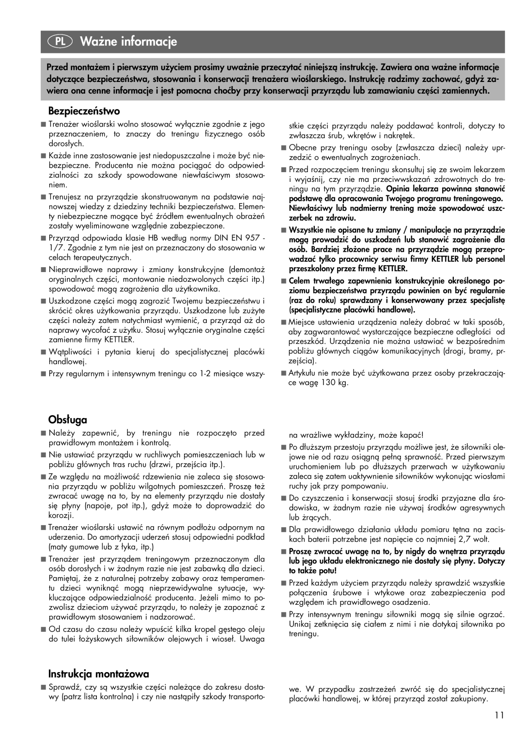 Kettler 07978-900 manual PL Ważne informacje, Bezpieczeństwo, Obsługa, Instrukcja montażowa 