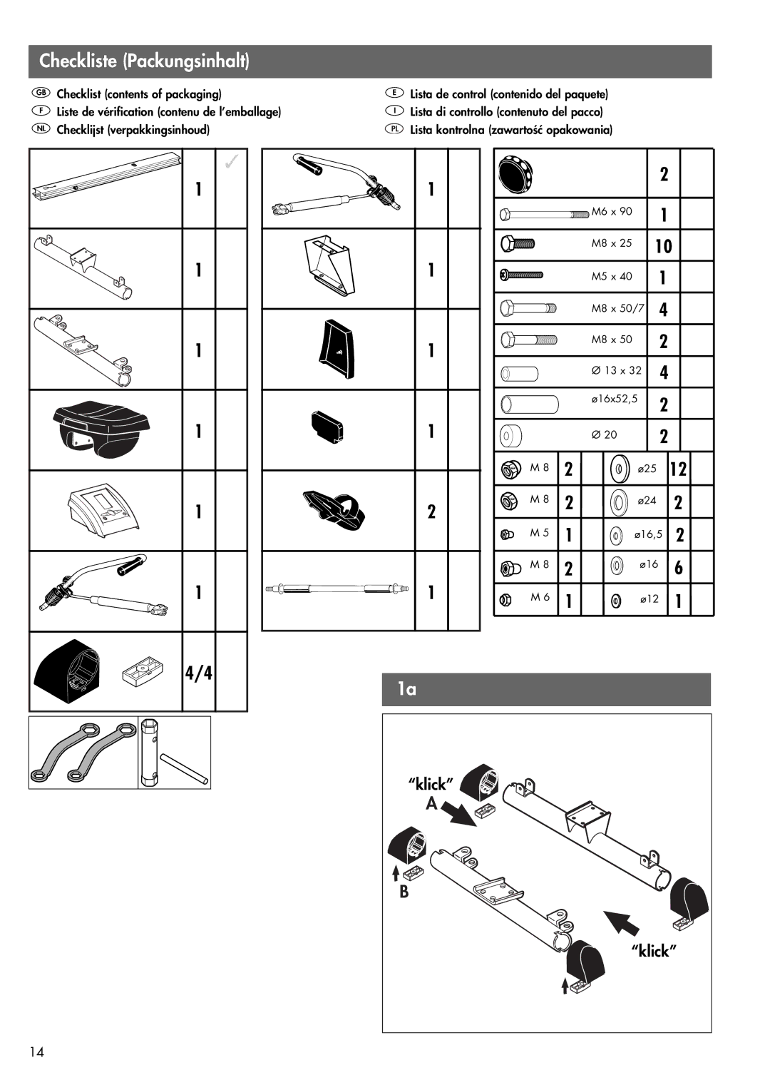 Kettler 07978-900 manual Checkliste Packungsinhalt, Klick 