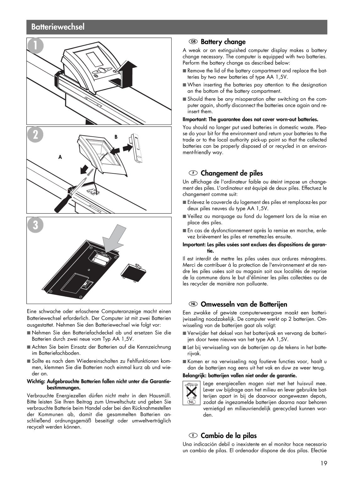 Kettler 07978-900 manual GB Battery change, Changement de piles, NL Omwesseln van de Batterijen, Cambio de la pilas 