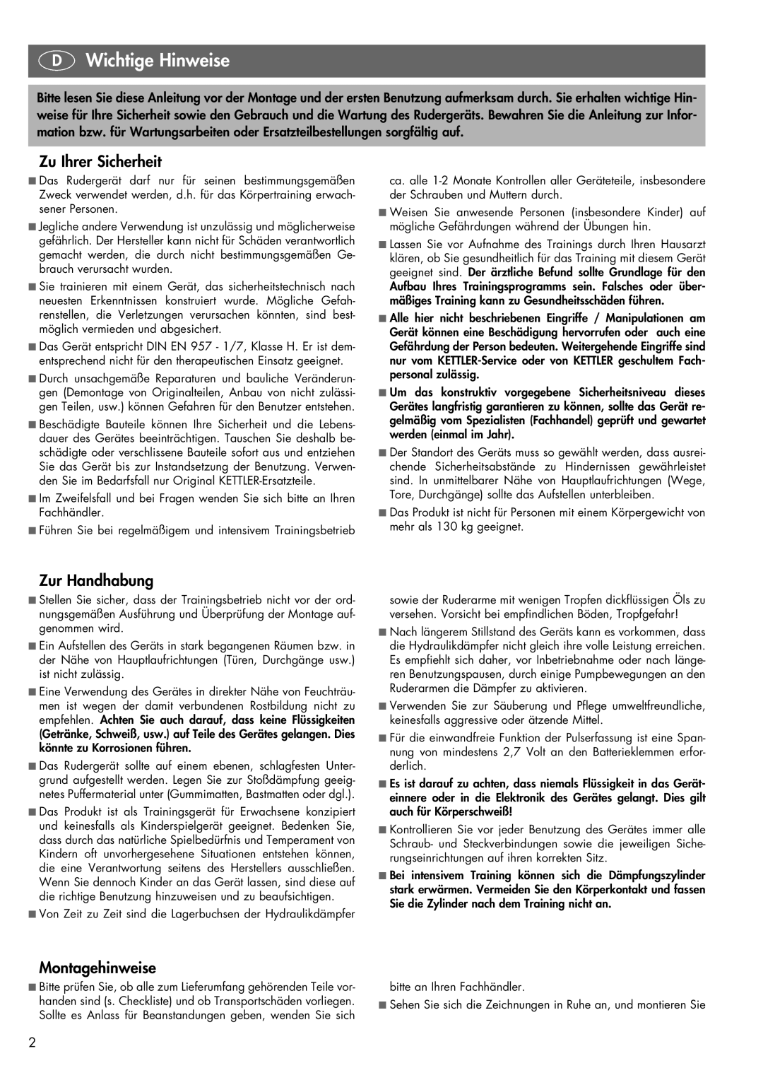 Kettler 07978-900 manual Wichtige Hinweise, Zu Ihrer Sicherheit, Zur Handhabung, Montagehinweise 