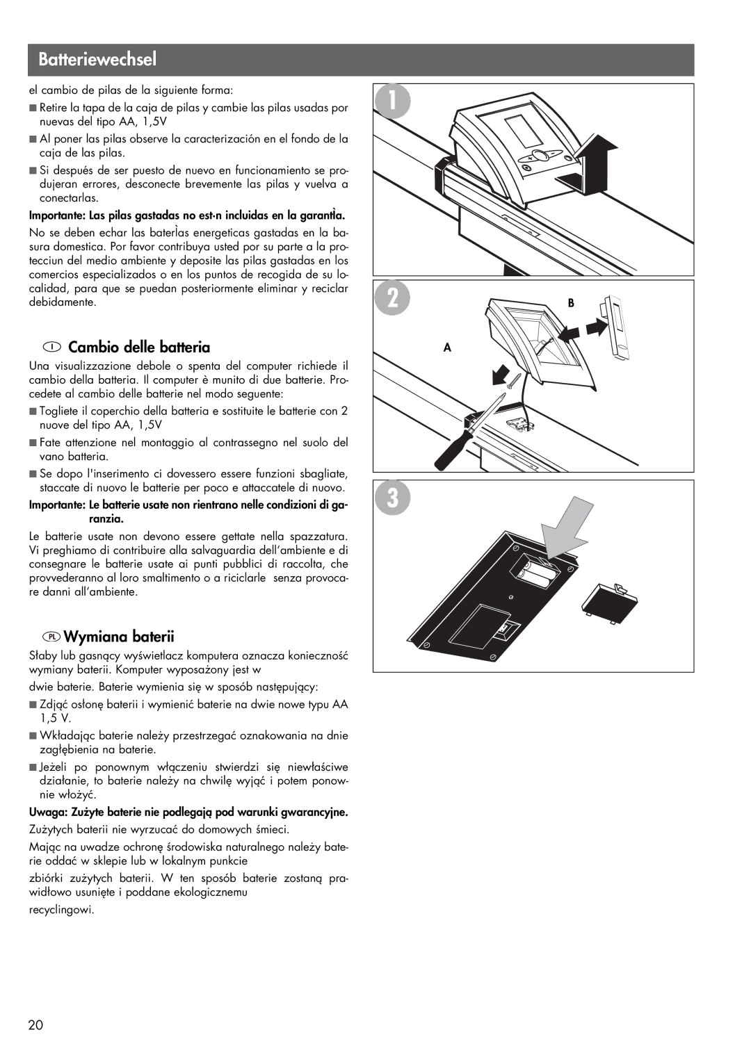 Kettler 07978-900 manual Batteriewechsel, Cambio delle batteria, PL Wymiana baterii 