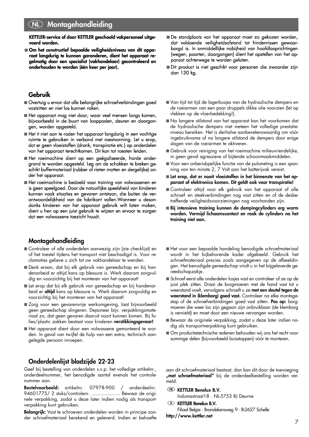 Kettler 07978-900 manual NL Montagehandleiding, Gebruik, Onderdelenlijst bladzijde 