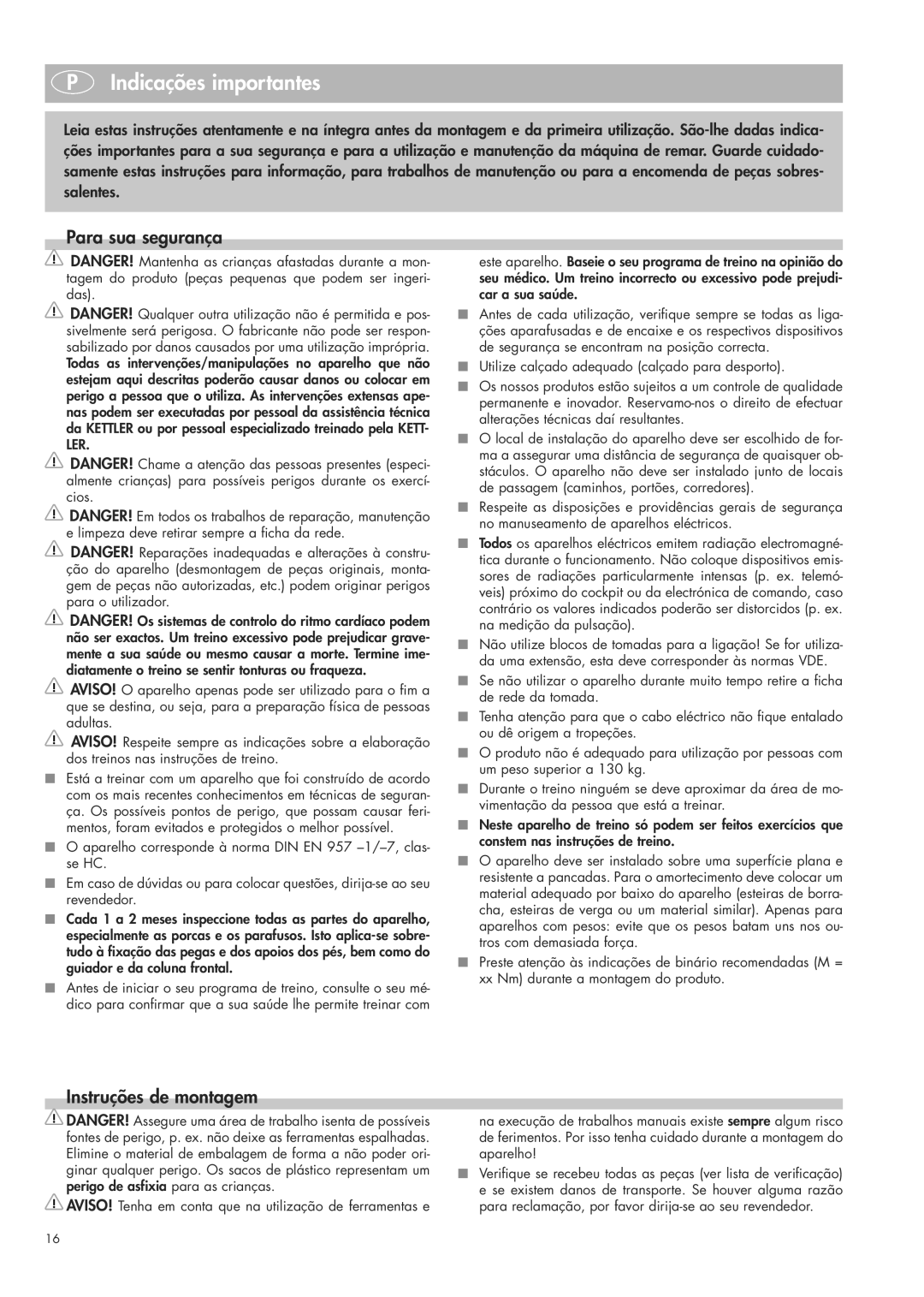 Kettler 07982-500 manual Indicações importantes, Para sua segurança, Instruções de montagem 