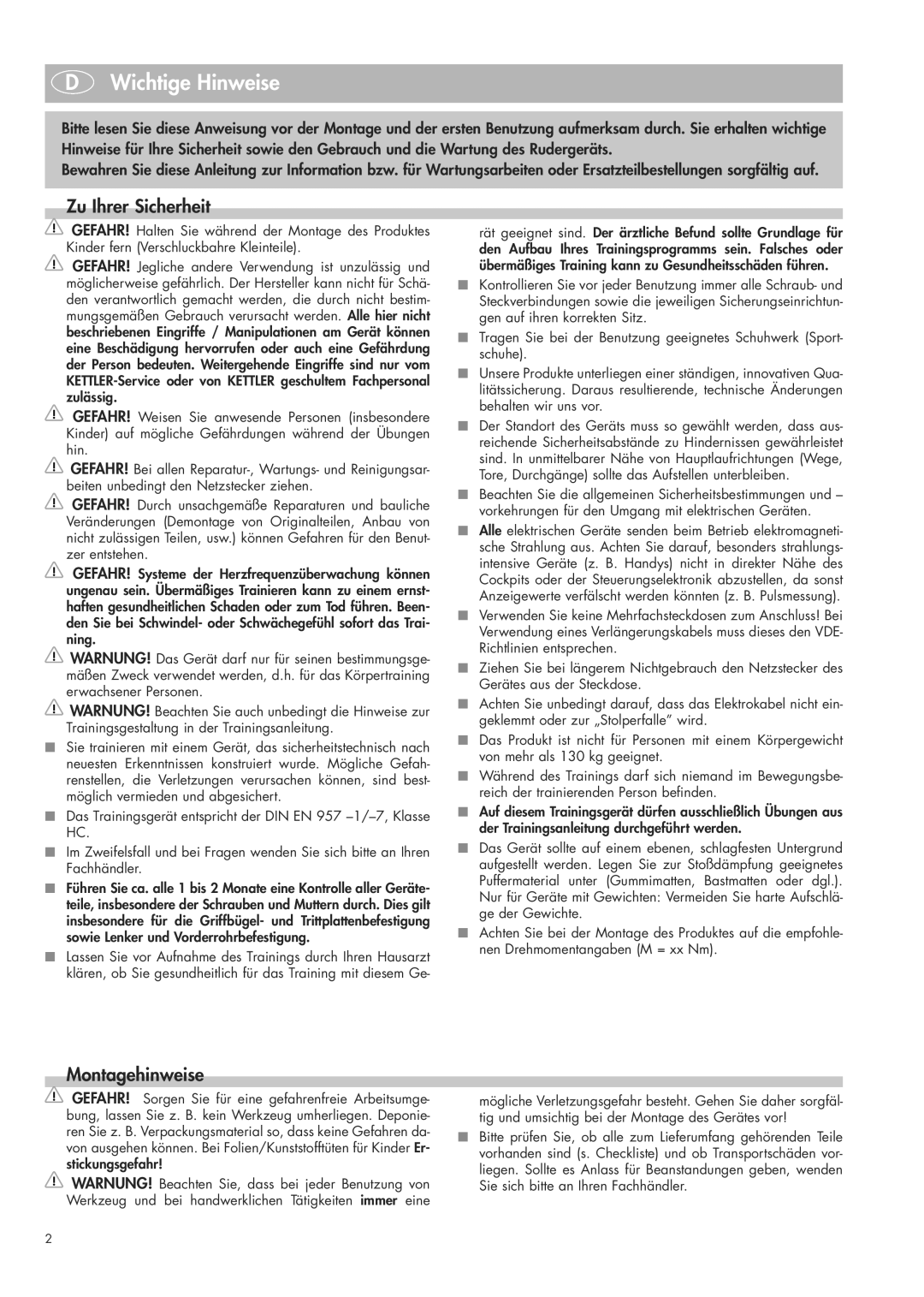 Kettler 07982-500 manual Wichtige Hinweise, Zu Ihrer Sicherheit, Montagehinweise 