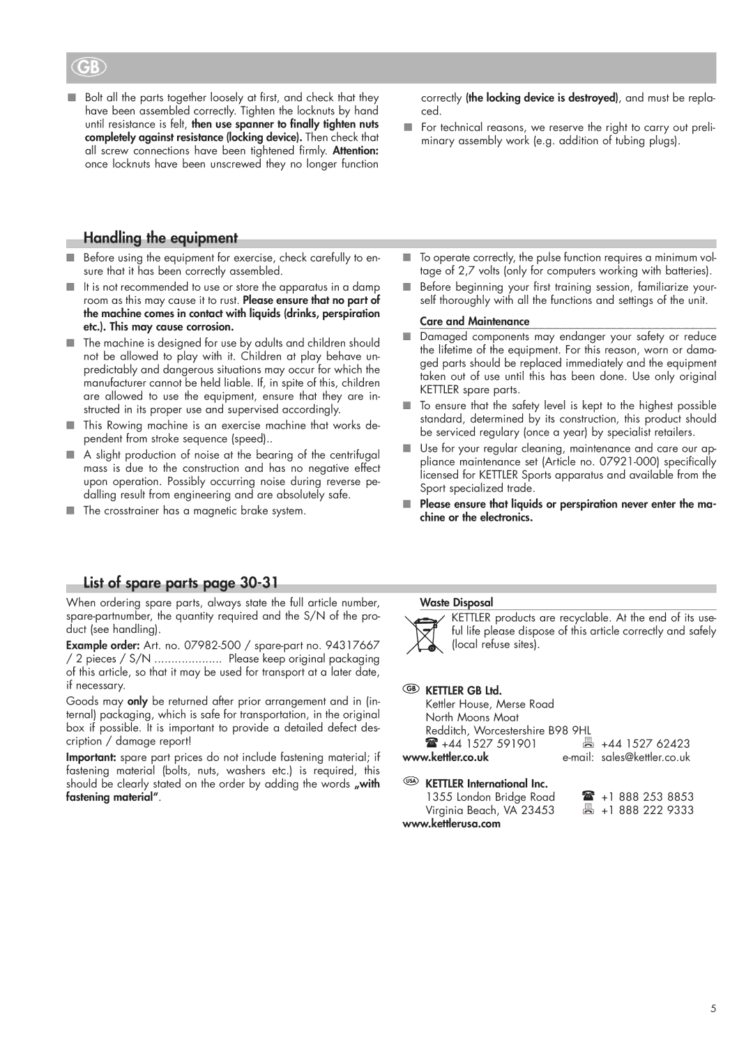 Kettler 07982-500 manual Handling the equipment, List of spare parts 