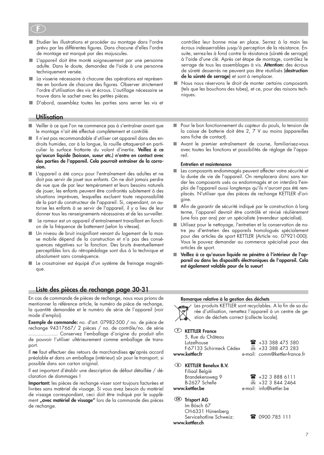 Kettler 07982-500 manual Utilisation, Liste des pièces de rechange 