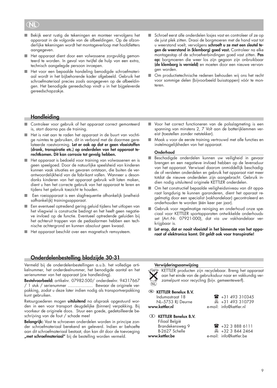 Kettler 07982-500 manual Handleiding, Onderdelenbestelling bladzijde, Verwijderingsaanwijzing 