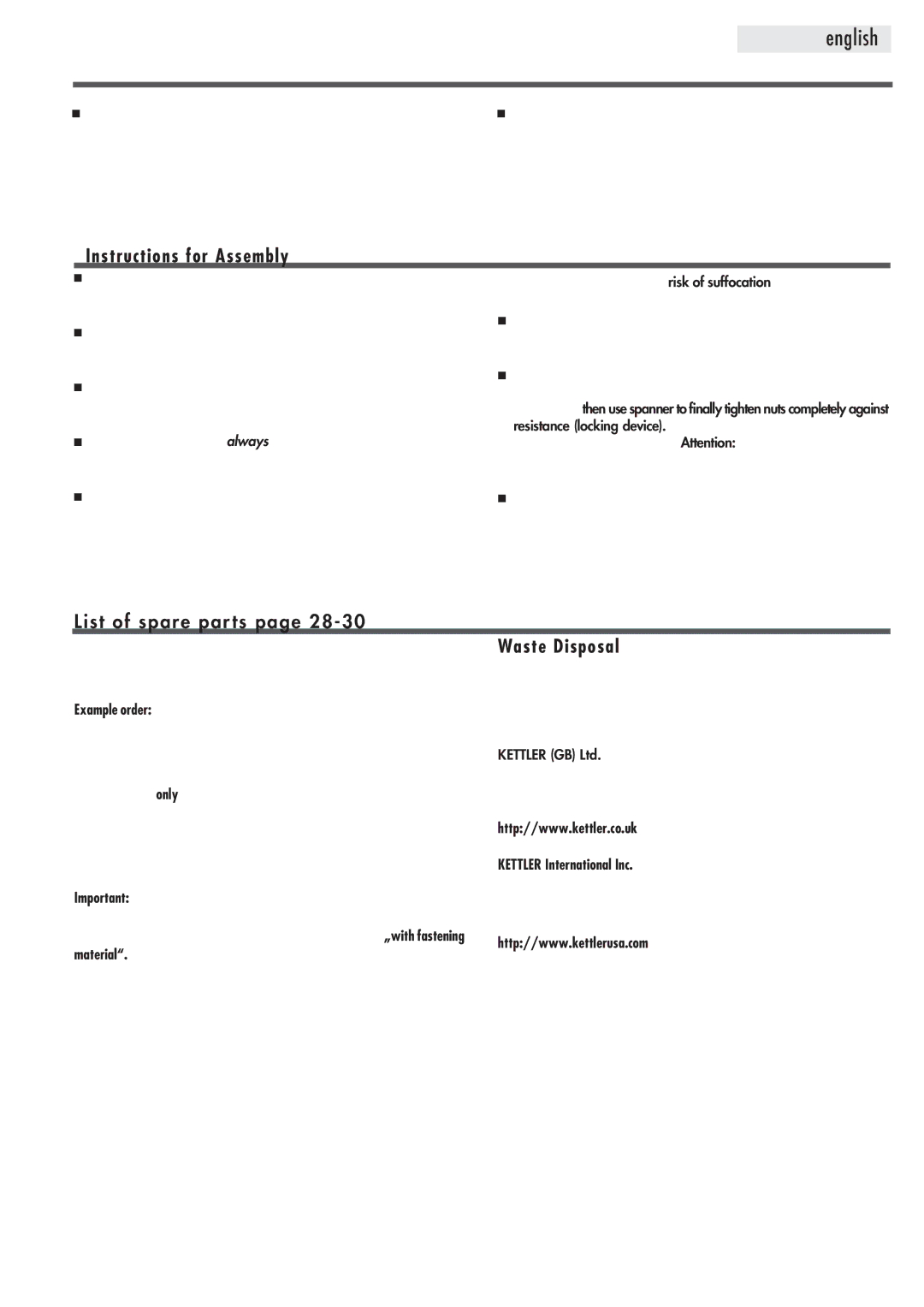 Kettler 07988-880 manual Instructions for Assembly 